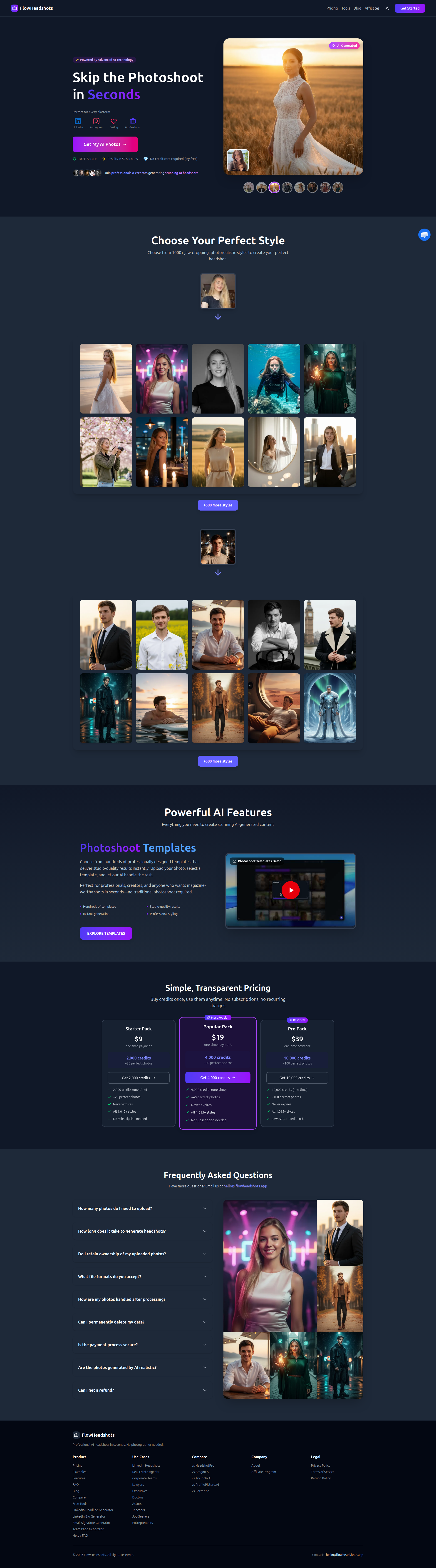 Landing page screenshot for flowheadshots.app, 1920 by 6901 pixels