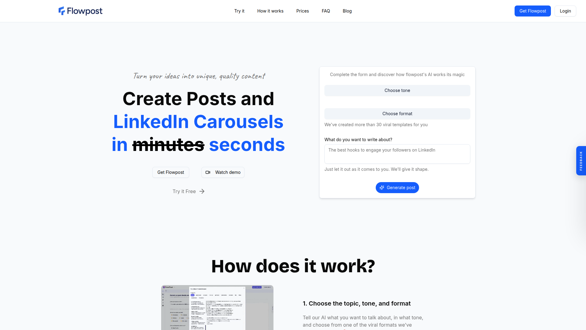 Landing page screenshot for flowpost.io, 1920 by 1080 pixels