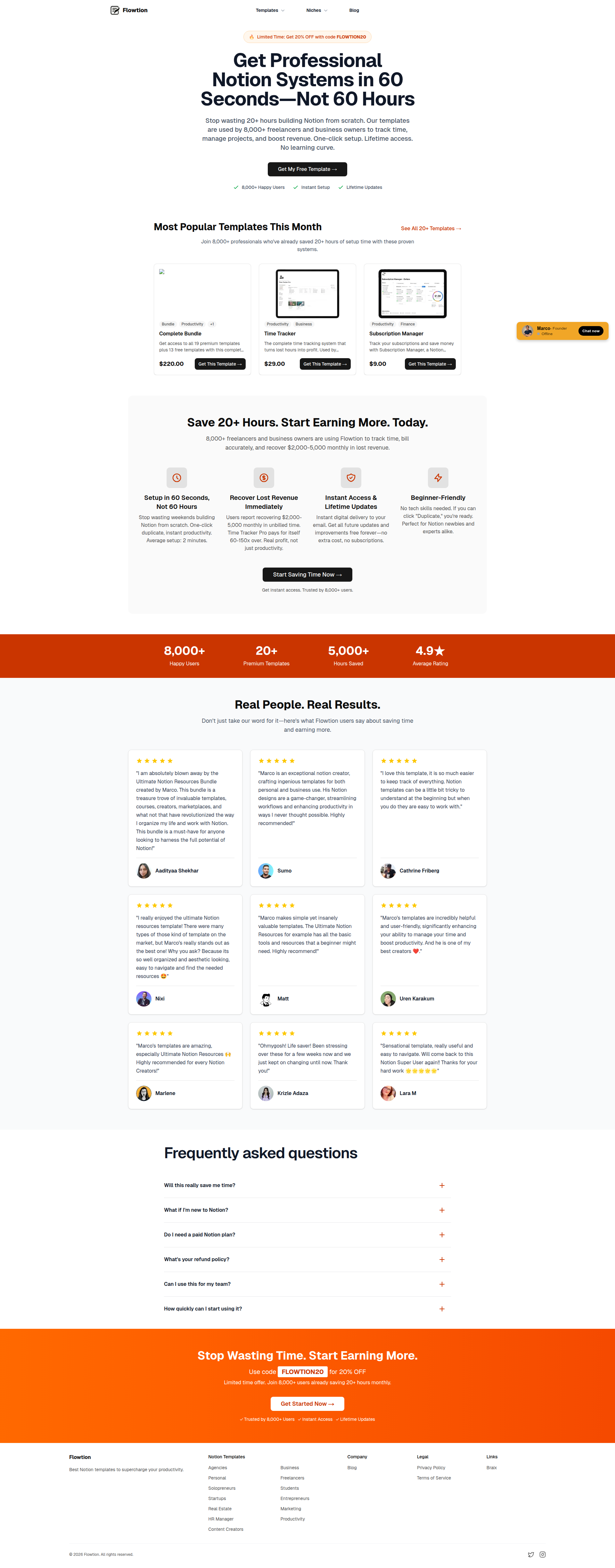 Landing page screenshot for theflowtion.com, 1920 by 4890 pixels
