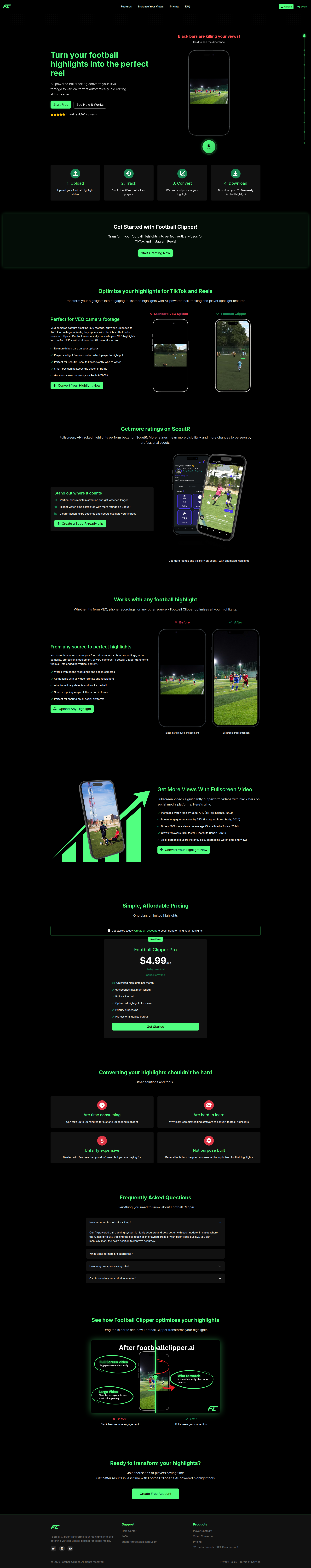 Landing page screenshot for footballclipper.com, 1920 by 9665 pixels