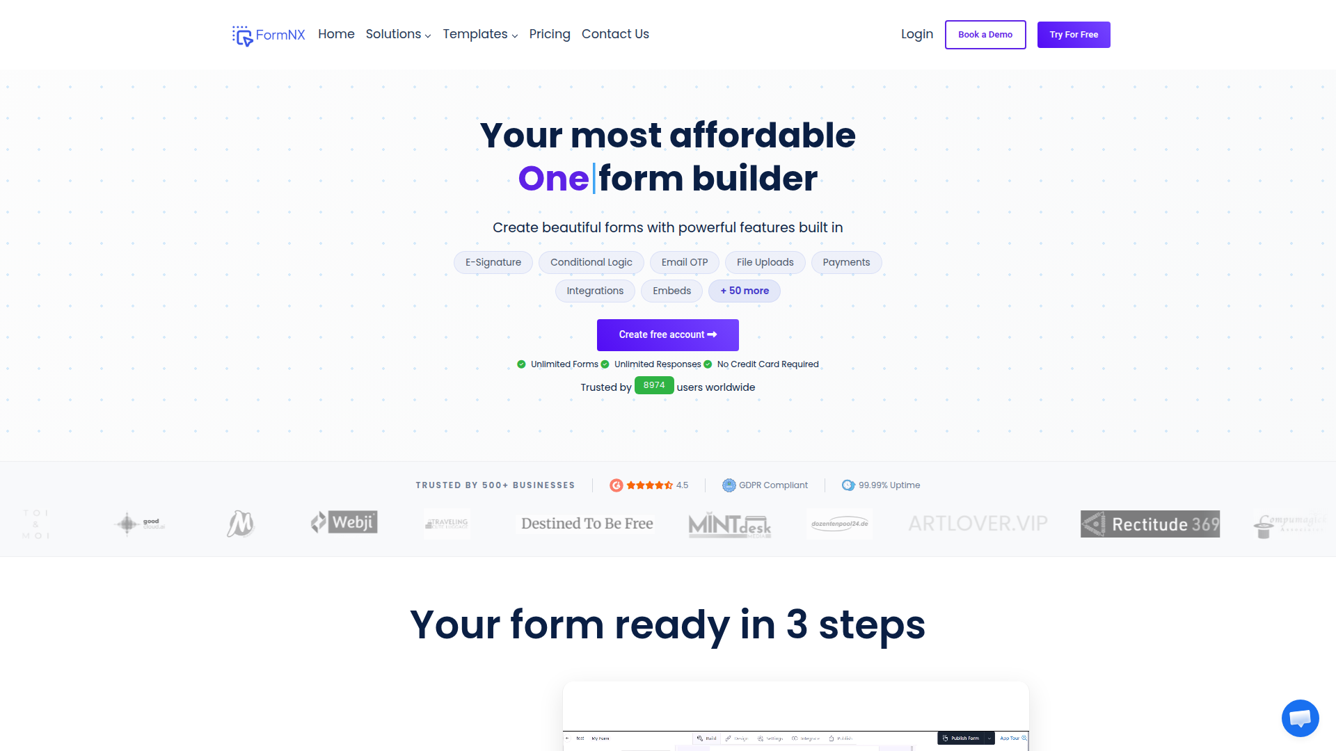 Landing page screenshot for formnx.com, 1920 by 1080 pixels