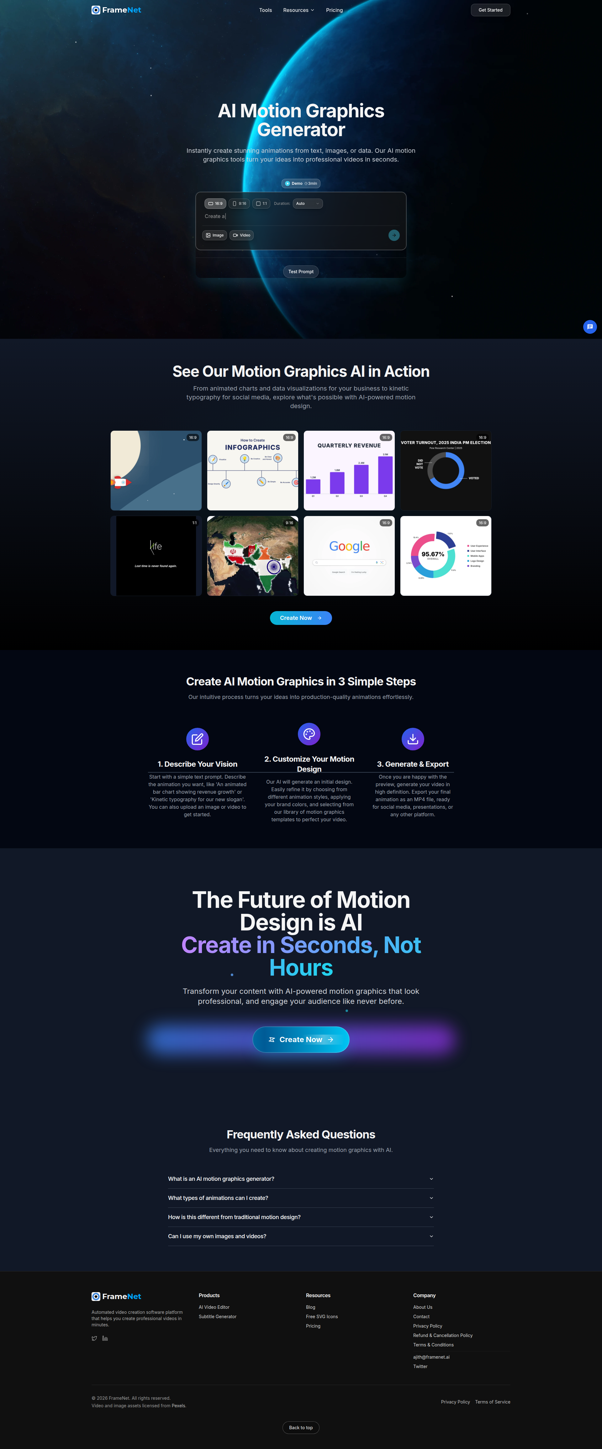 Landing page screenshot for framenet.ai, 1920 by 4619 pixels