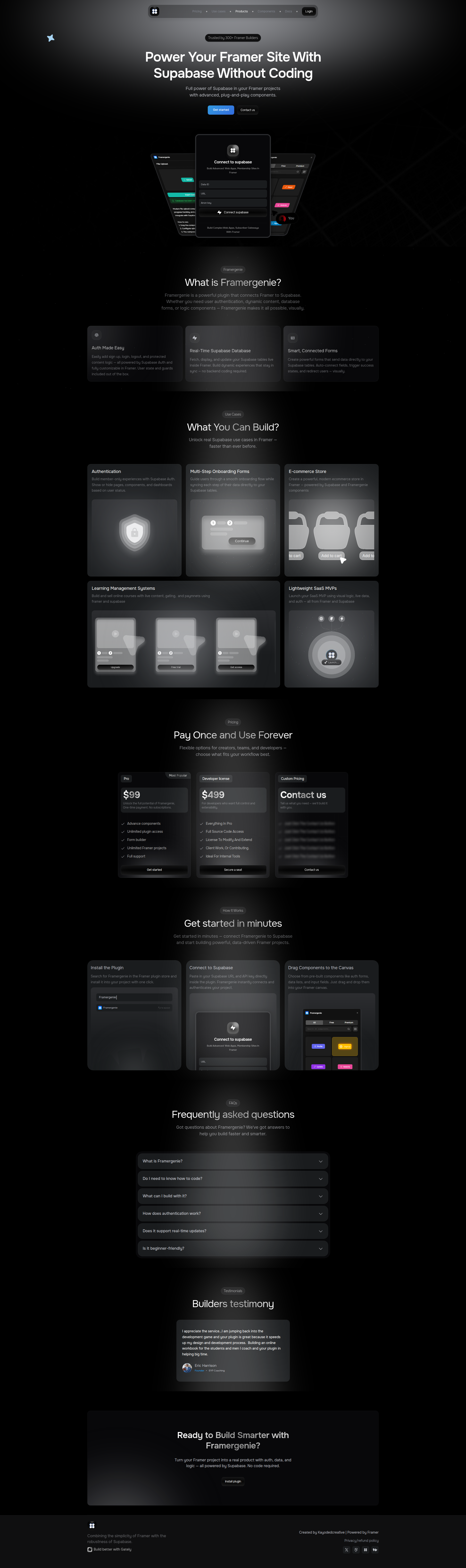 Landing page screenshot for framergenie.com, 1920 by 6468 pixels