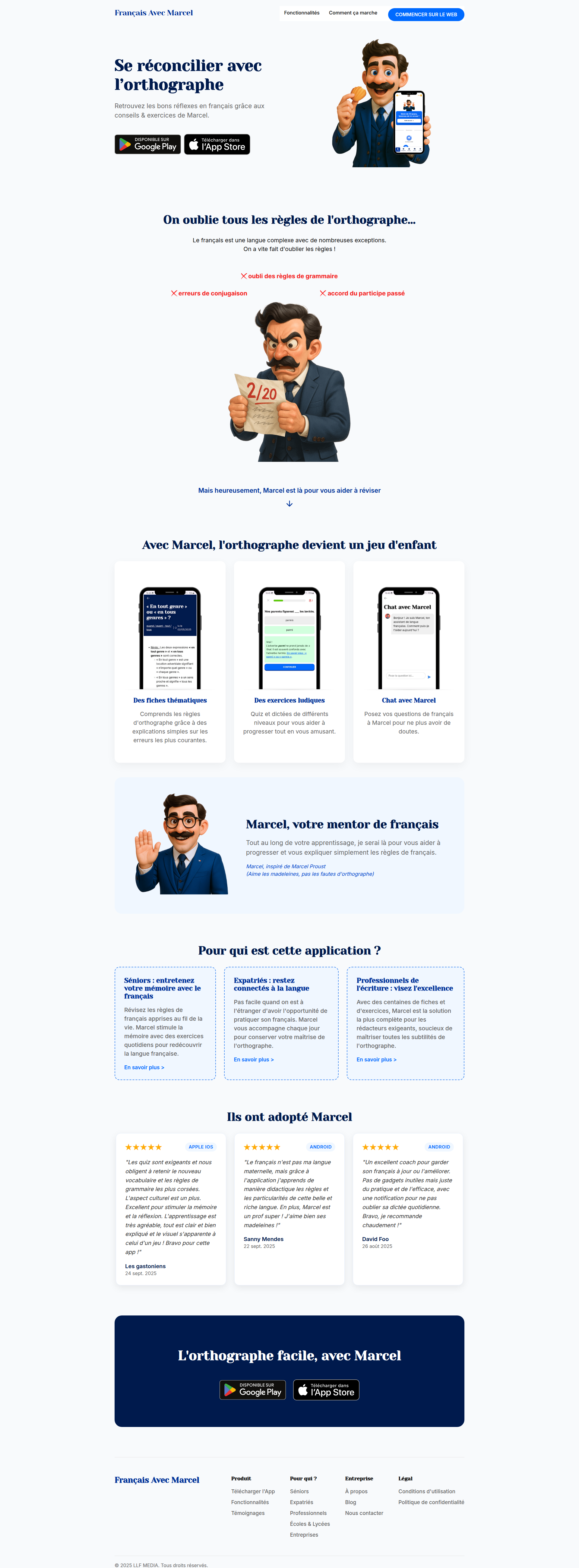 Landing page screenshot for francaisavecmarcel.fr, 1920 by 5203 pixels