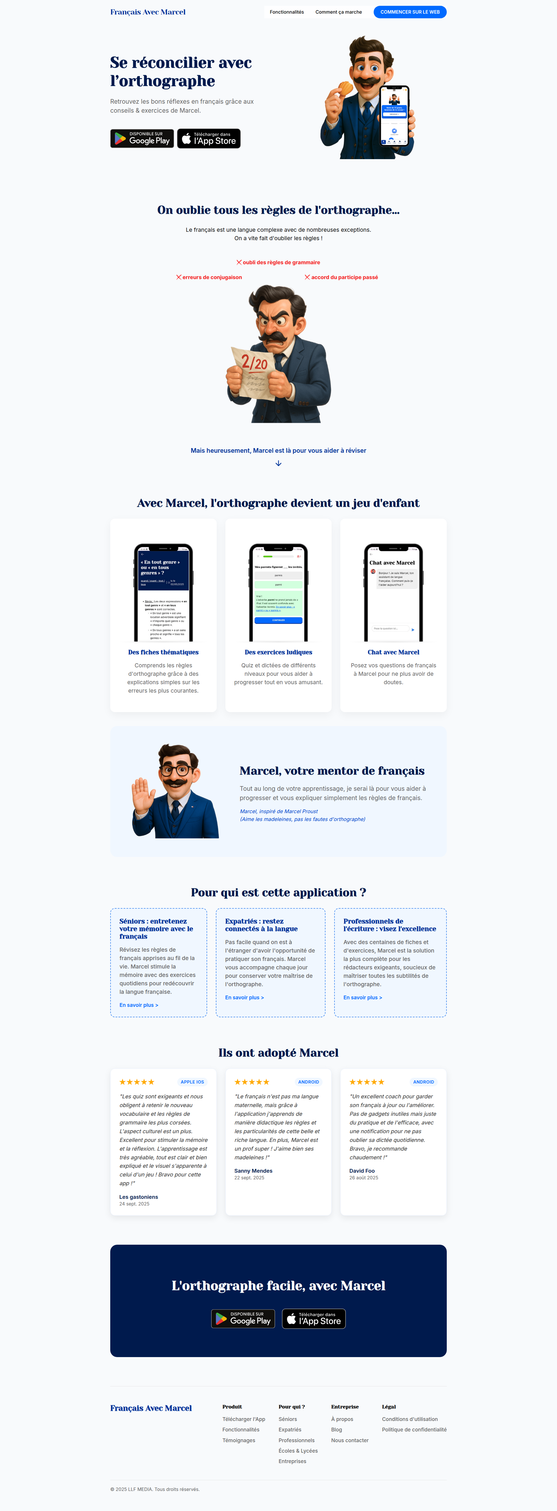 Landing page screenshot for francaisavecmarcel.fr, 1920 by 5203 pixels