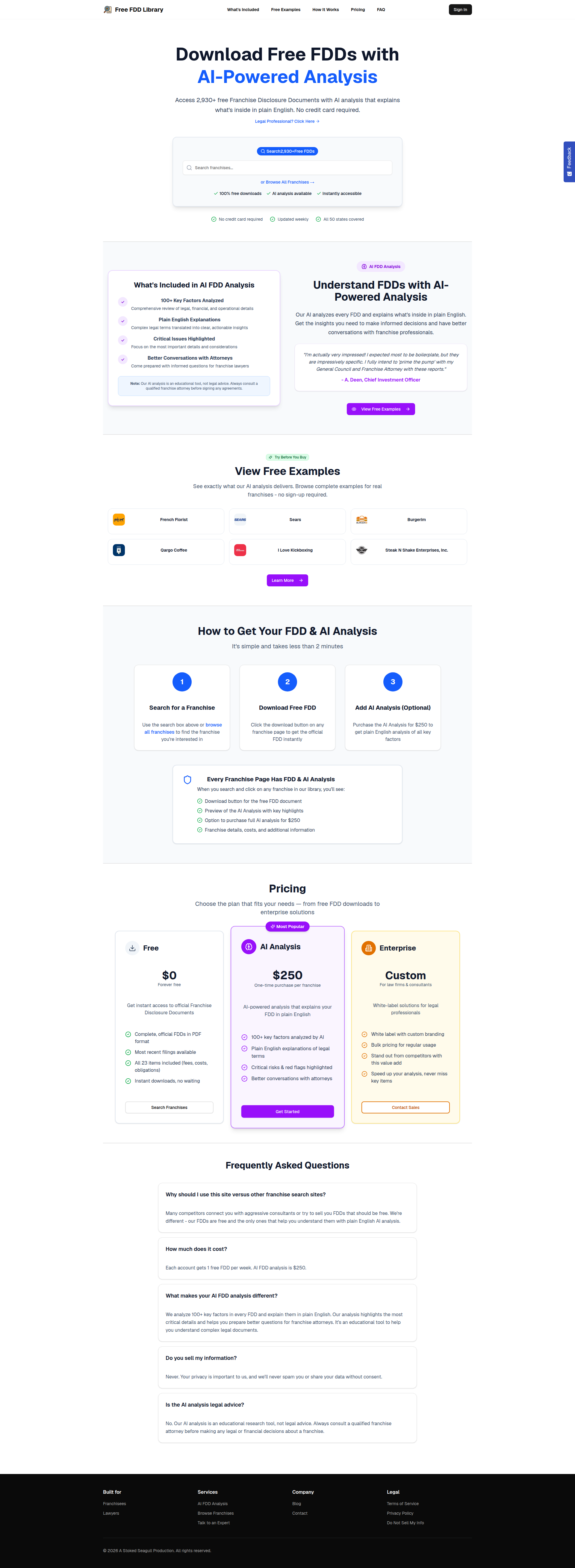 Landing page screenshot for freefddlibrary.com, 1920 by 5236 pixels