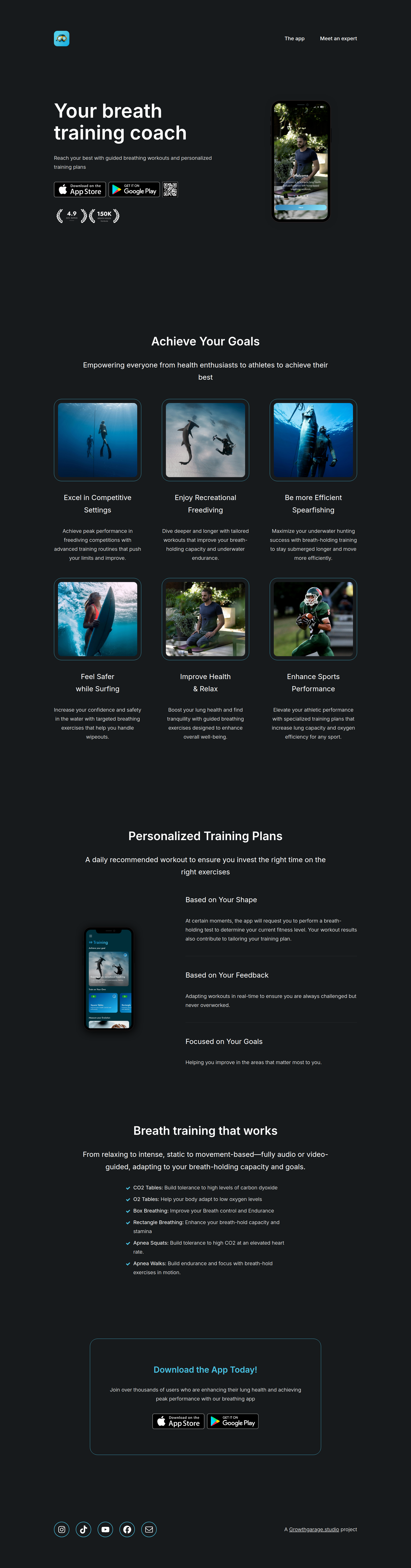 Landing page screenshot for apneatrainingapp.com, 1920 by 7322 pixels