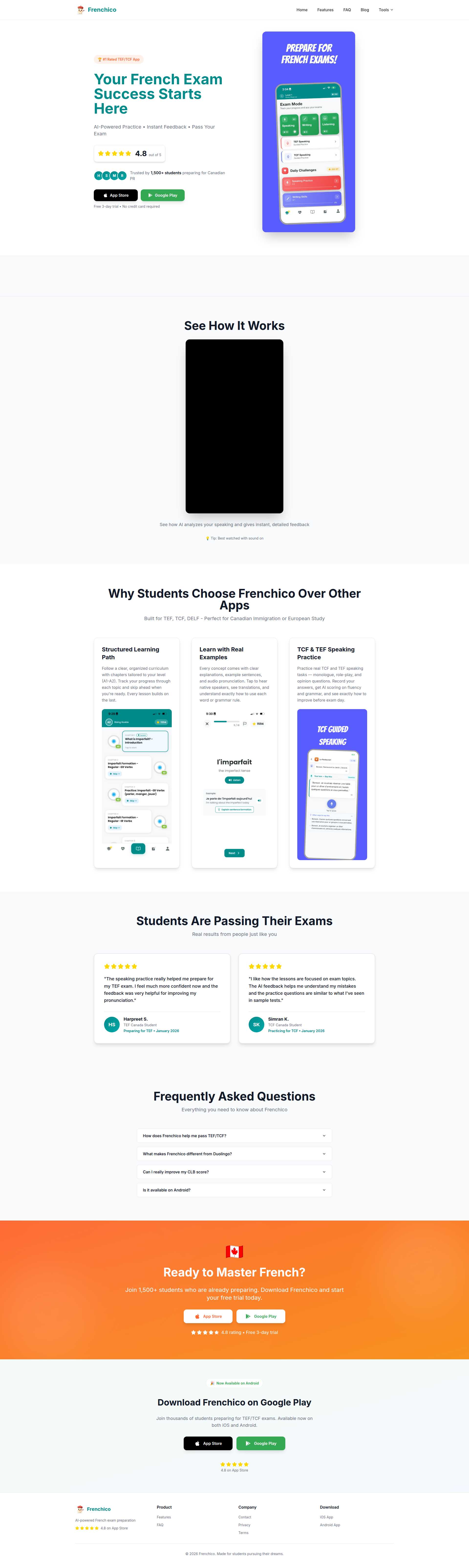 Landing page screenshot for frenchicoai.com, 1920 by 6417 pixels