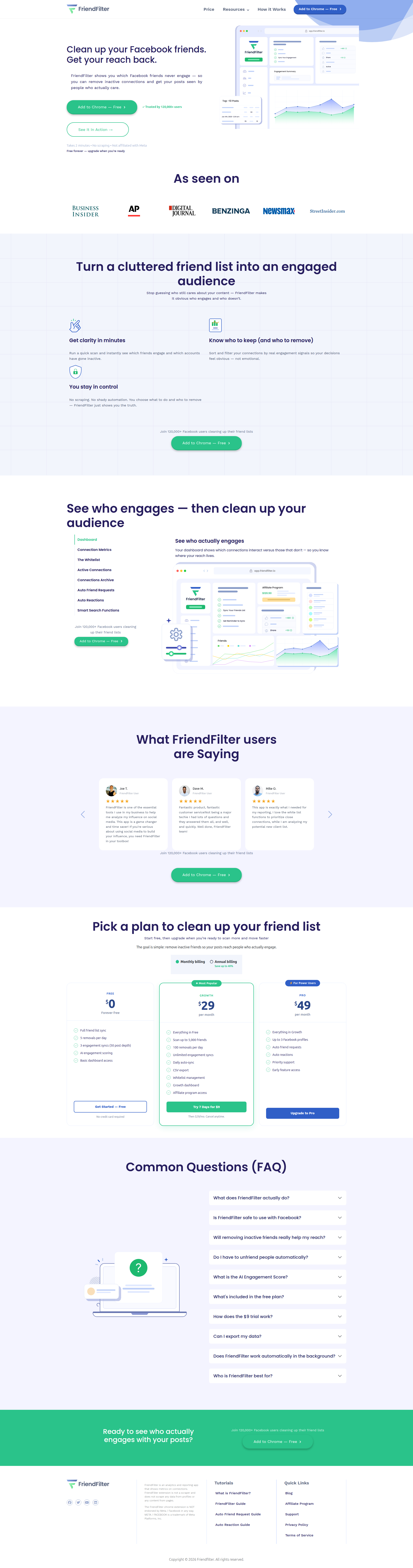Landing page screenshot for friendfilter.com, 1920 by 7295 pixels