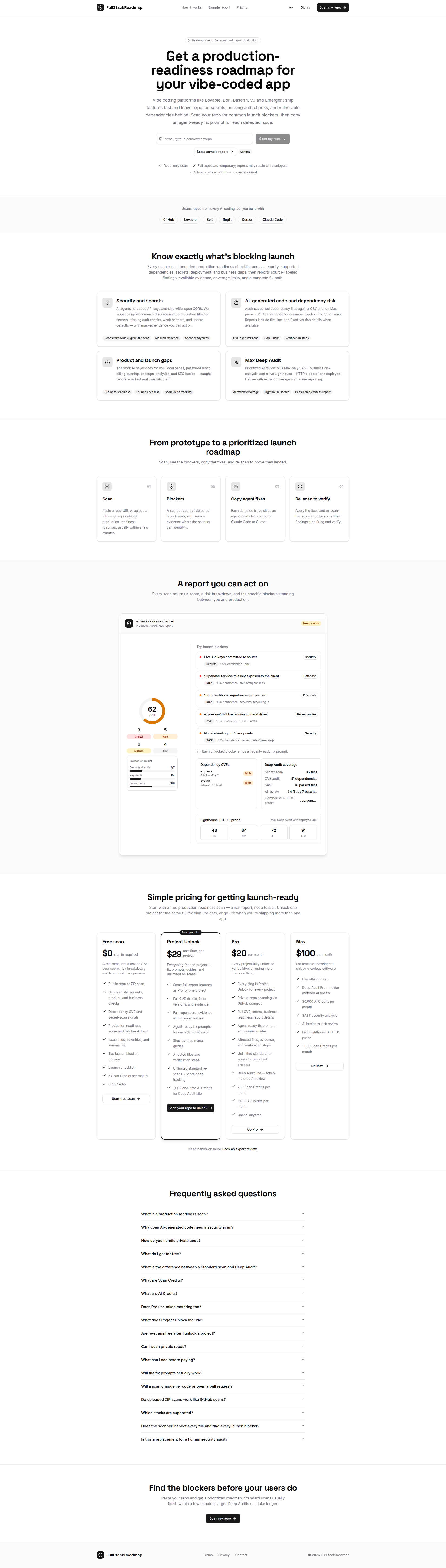 Landing page screenshot for fullstackroadmap.com, 1920 by 6746 pixels