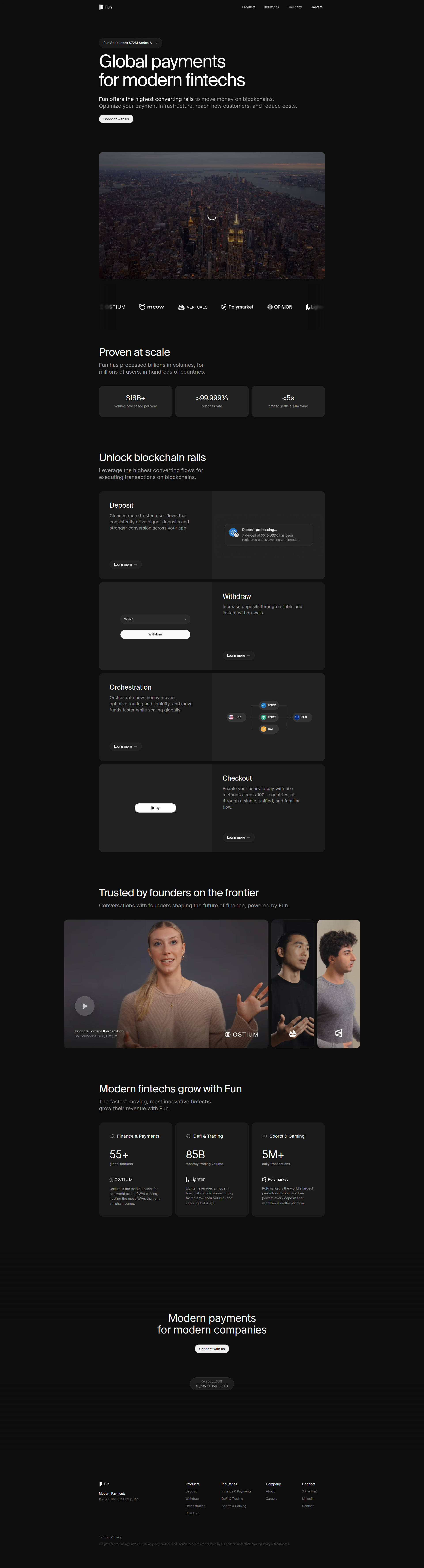 Landing page screenshot for fun.xyz, 1920 by 7101 pixels