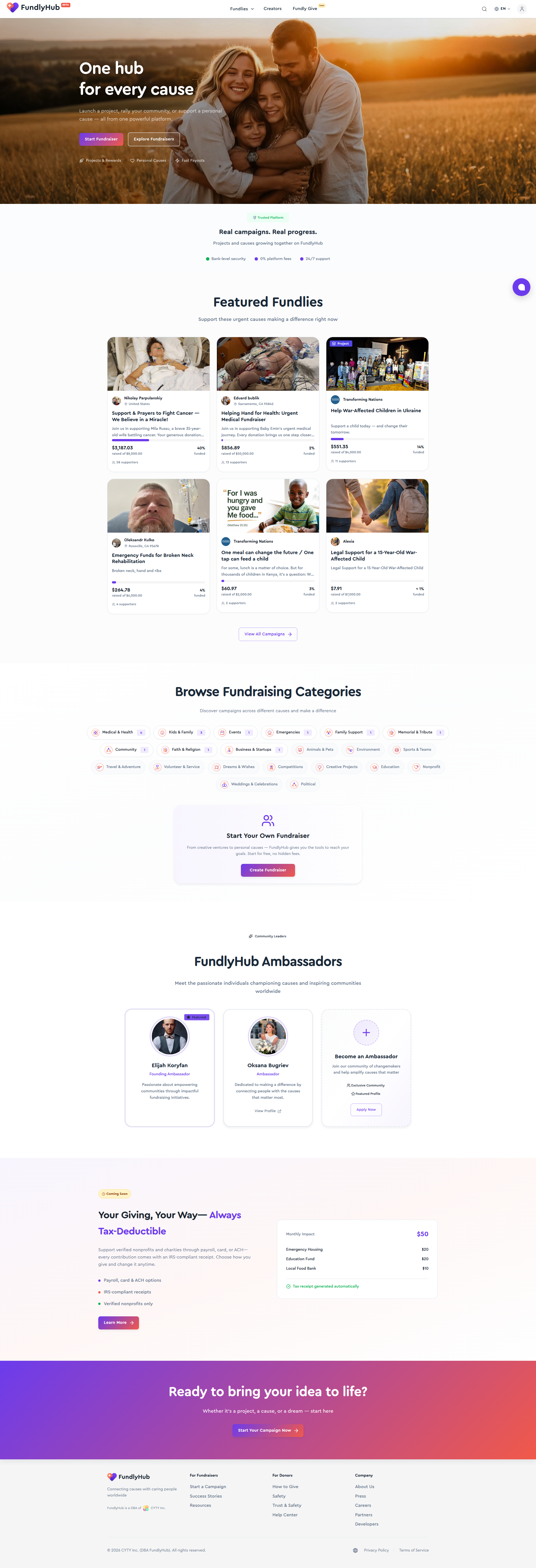 Landing page screenshot for fundlyhub.org, 1920 by 5614 pixels