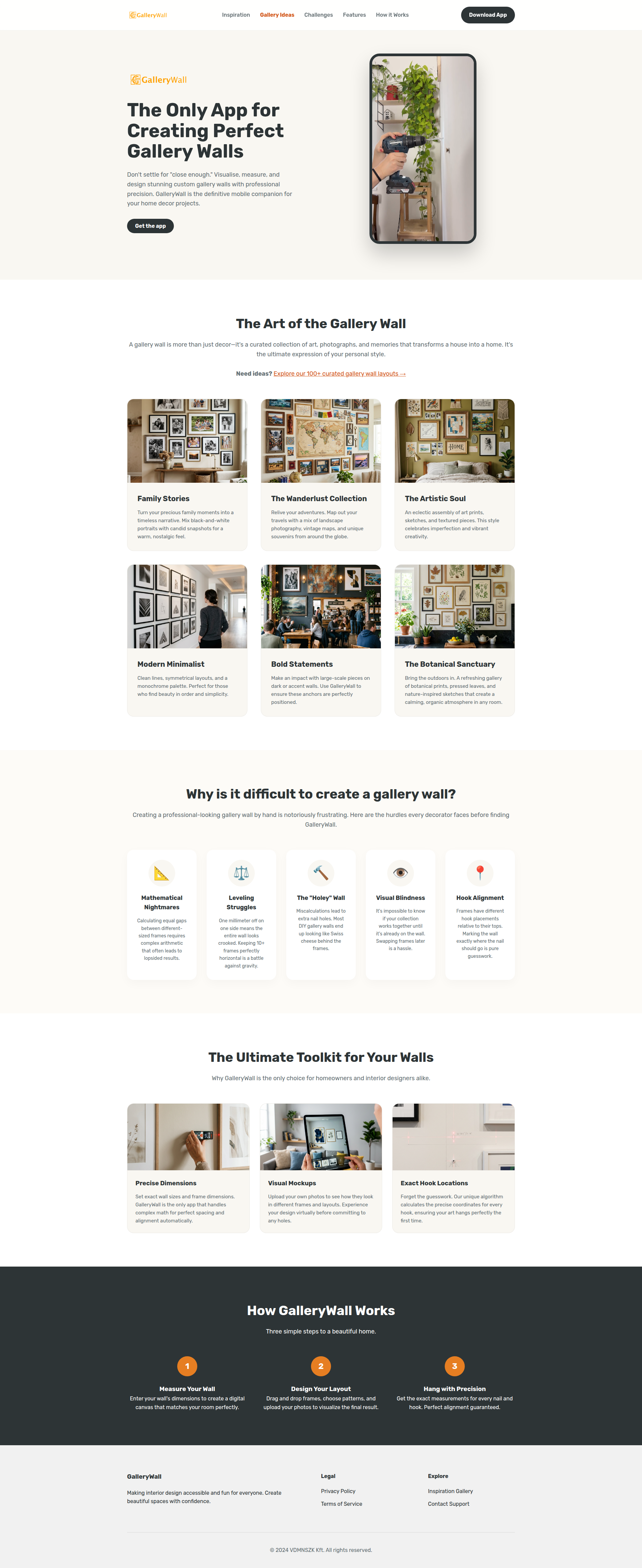 Landing page screenshot for gallerywall.app, 1920 by 4687 pixels