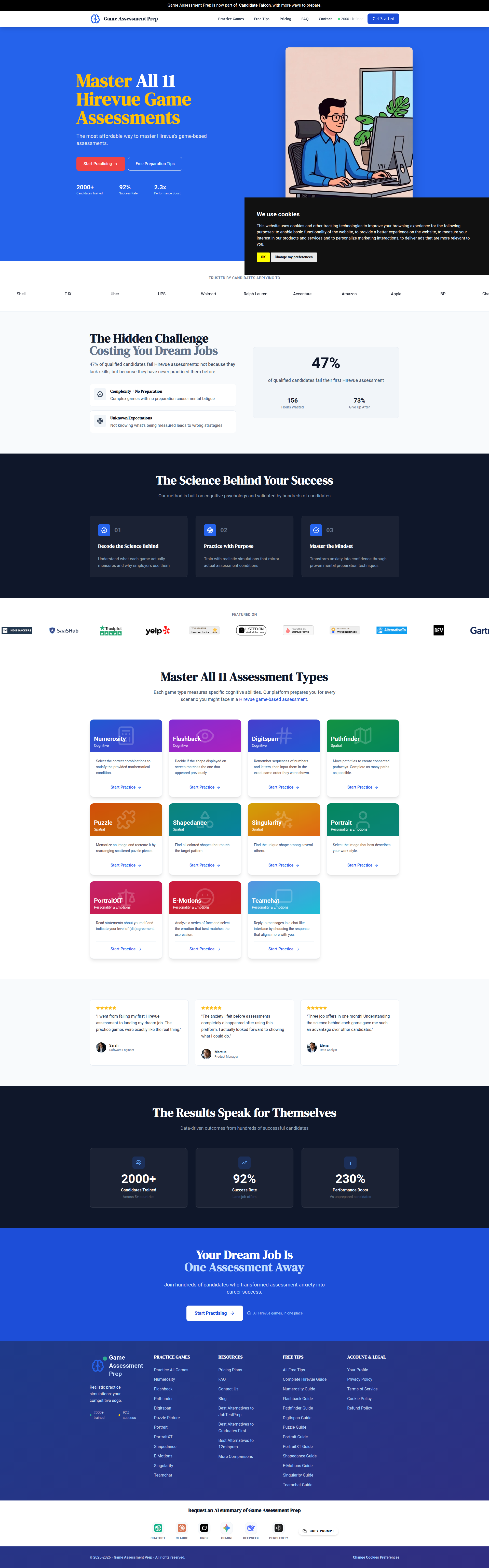 Landing page screenshot for gameassessmentprep.com, 1920 by 6154 pixels