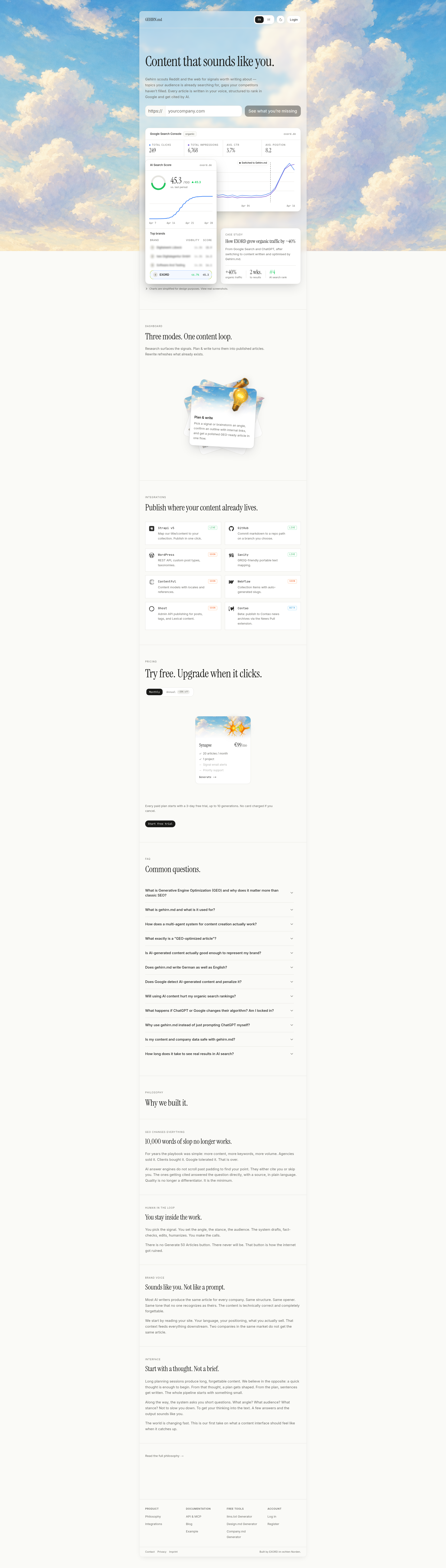 Landing page screenshot for gehirn.md, 1920 by 6746 pixels