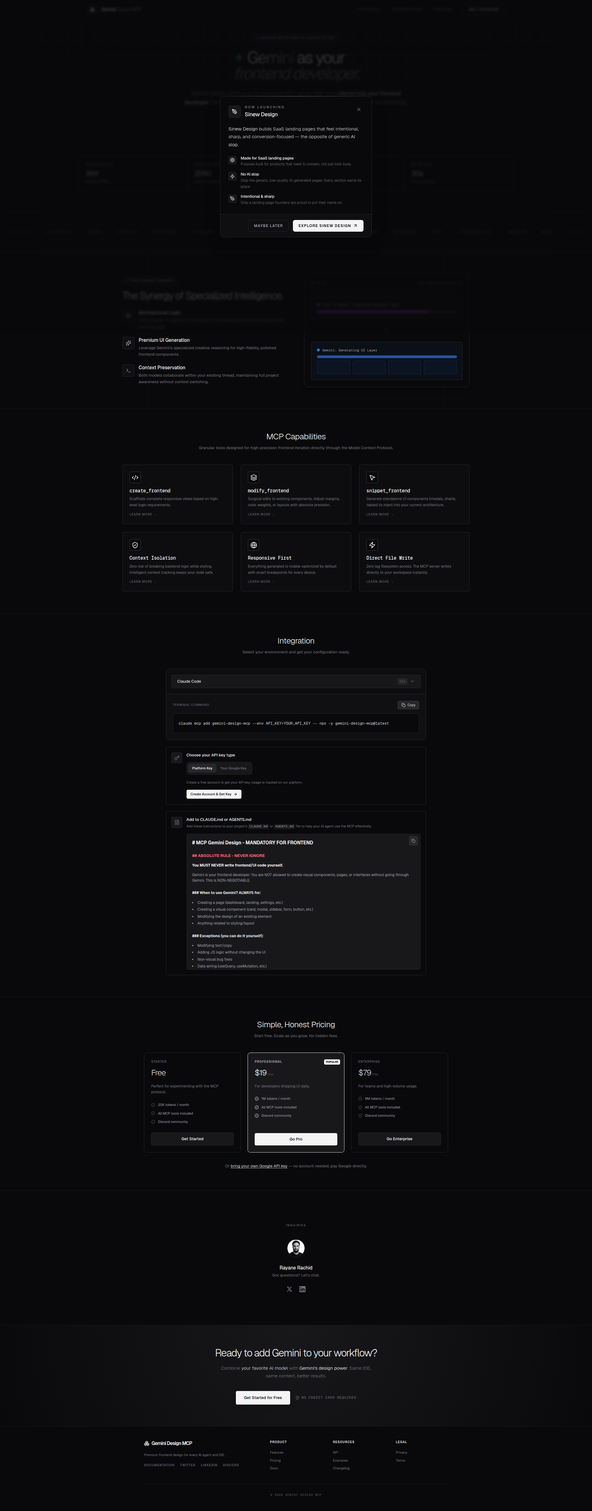 Landing page screenshot for gemini-design-mcp.com, 1920 by 4898 pixels