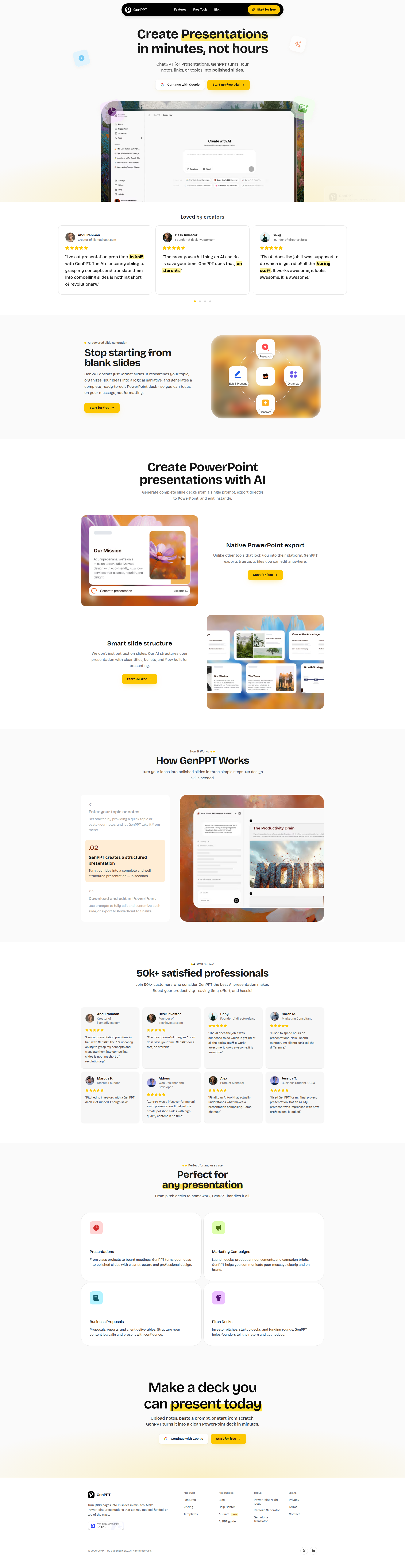 Landing page screenshot for genppt.com, 1920 by 7431 pixels