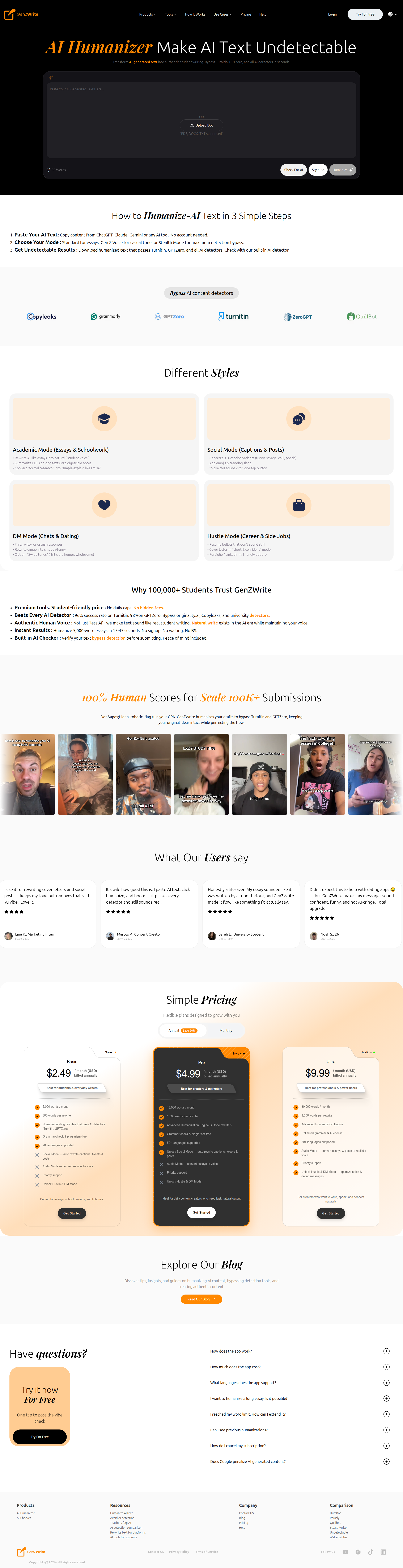 Landing page screenshot for genzwrite.com, 1920 by 7460 pixels