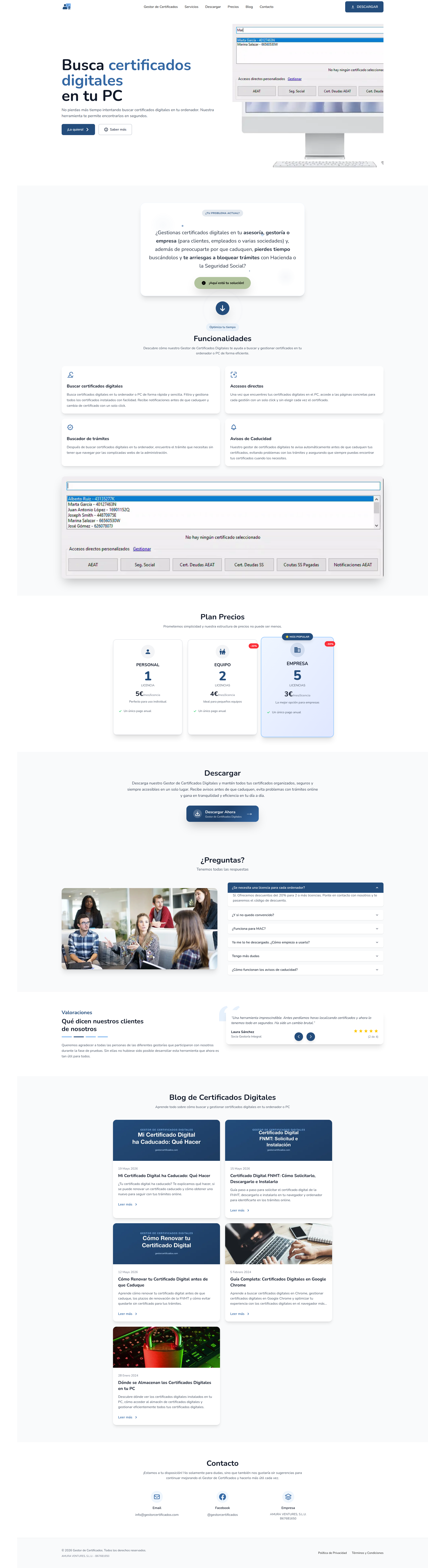 Landing page screenshot for gestorcertificados.com, 2000 by 7336 pixels