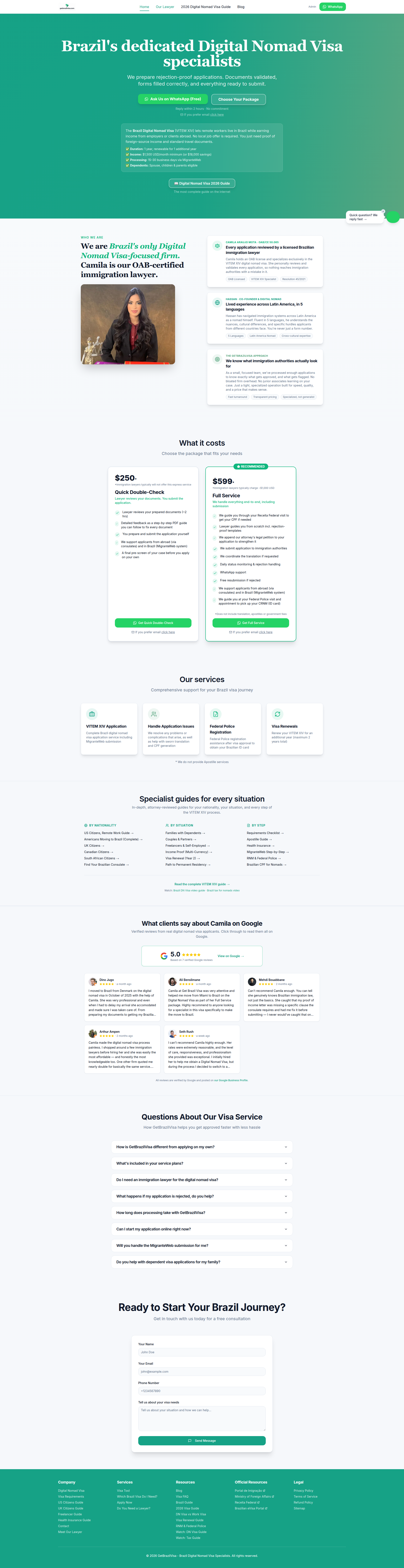 Landing page screenshot for getbrazilvisa.com, 1920 by 7441 pixels