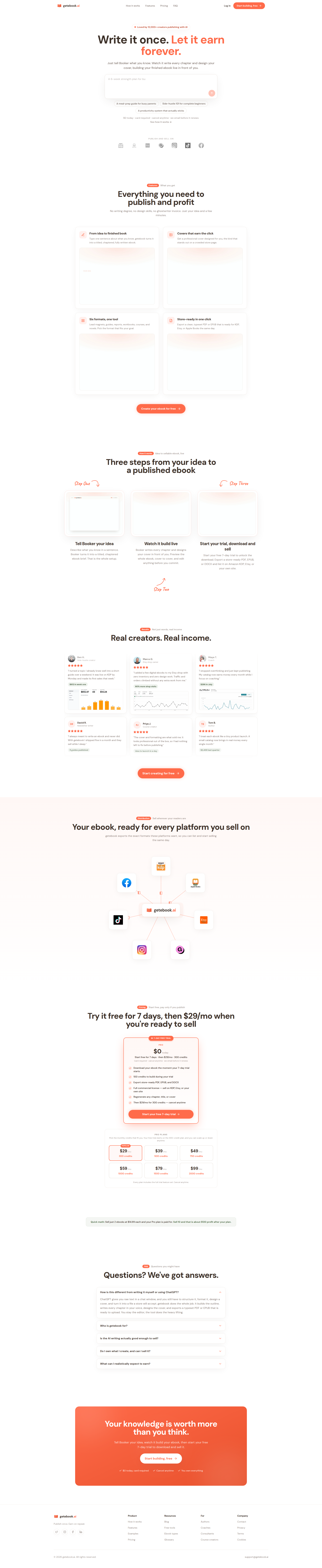 Landing page screenshot for getebook.ai, 1920 by 9337 pixels