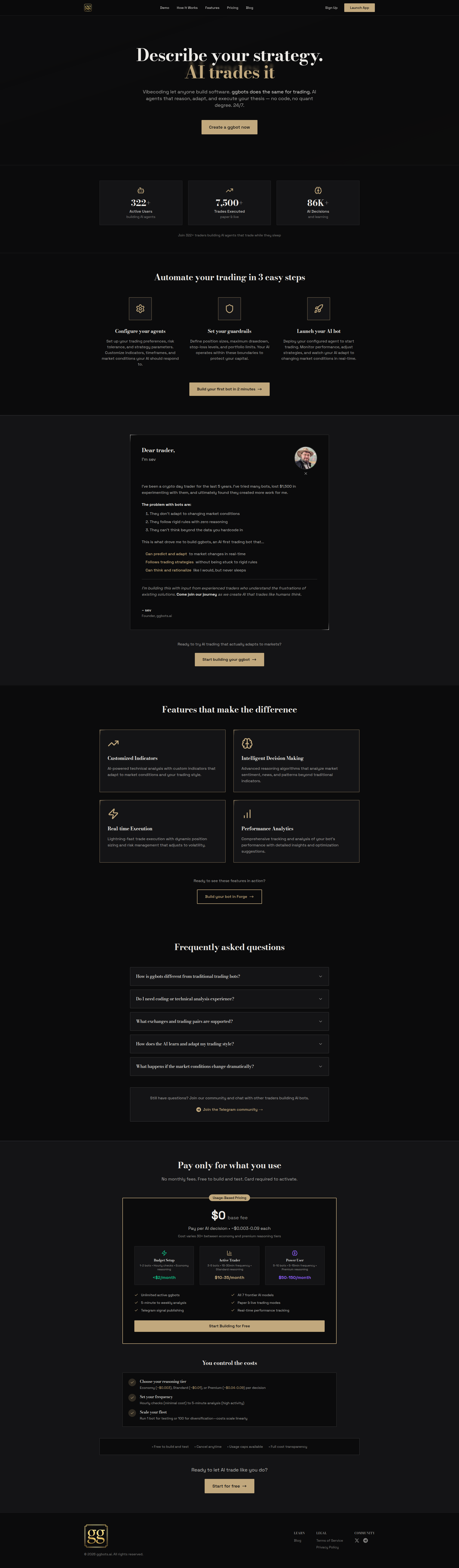 Landing page screenshot for ggbots.ai, 1920 by 6547 pixels