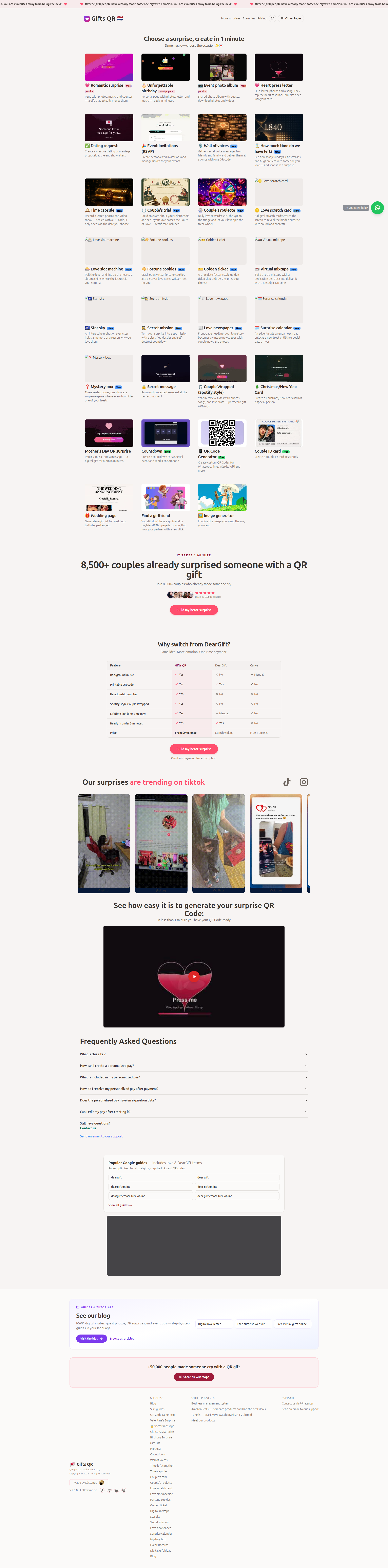 Landing page screenshot for giftsqr.com, 1920 by 7757 pixels