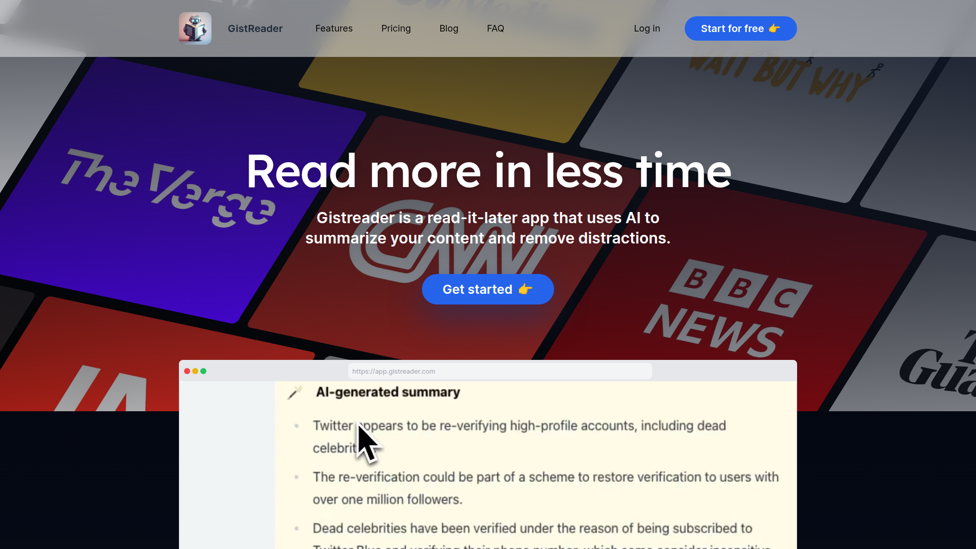 Landing page screenshot for gistreader.com, 1920 by 1080 pixels