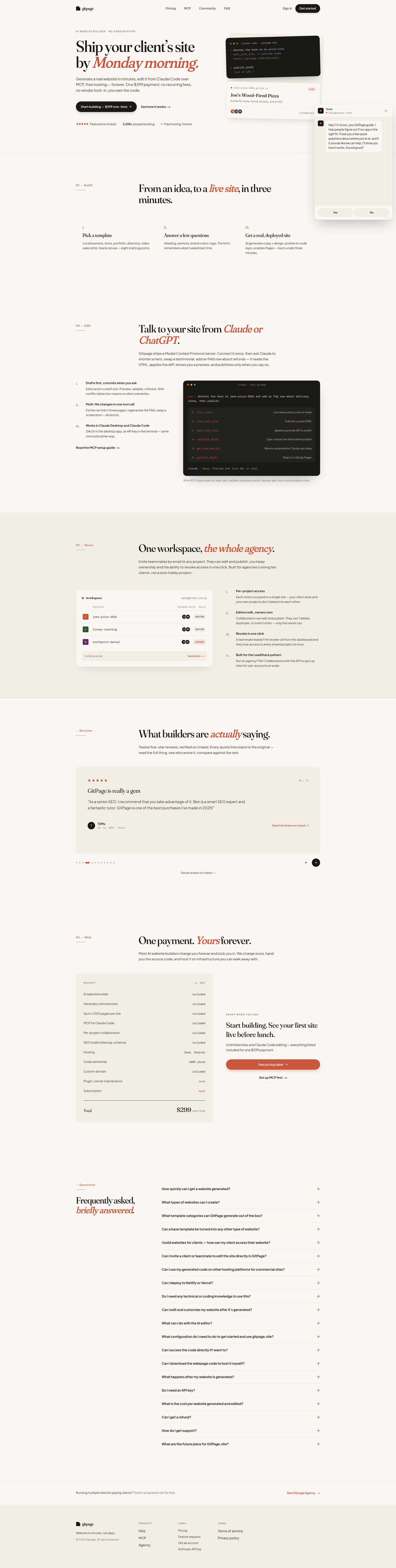 Landing page screenshot for gitpage.site, 1920 by 7589 pixels