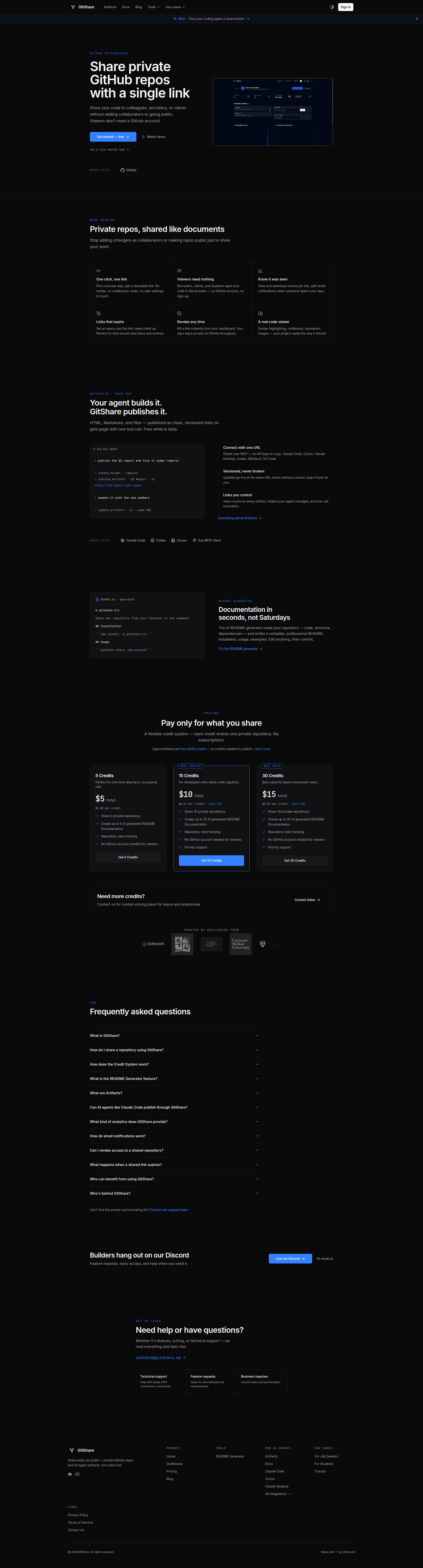 Landing page screenshot for gitshare.me, 1920 by 7106 pixels