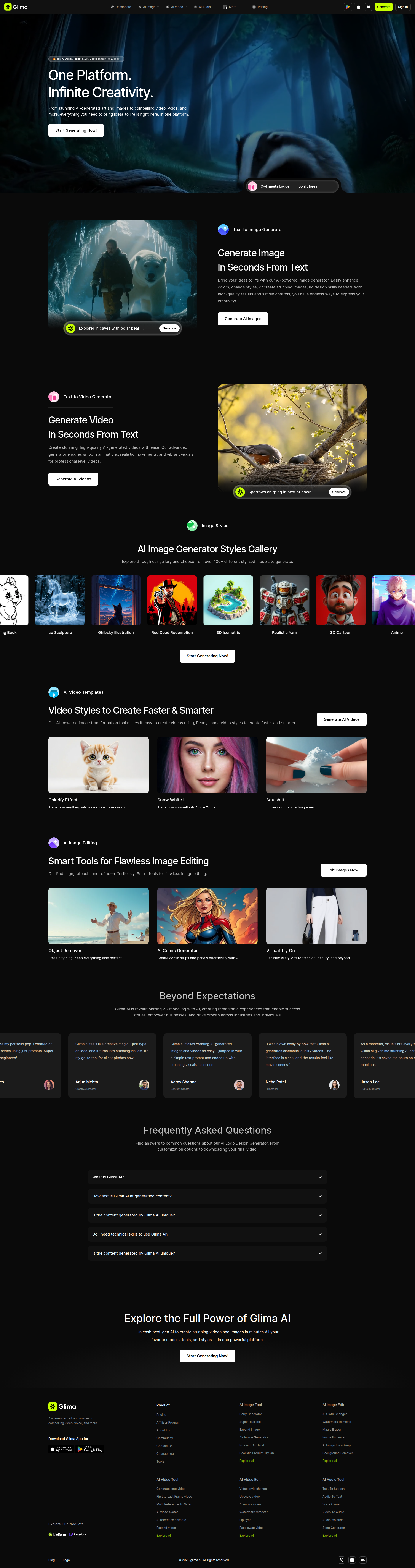 Landing page screenshot for glima.ai, 1920 by 7240 pixels