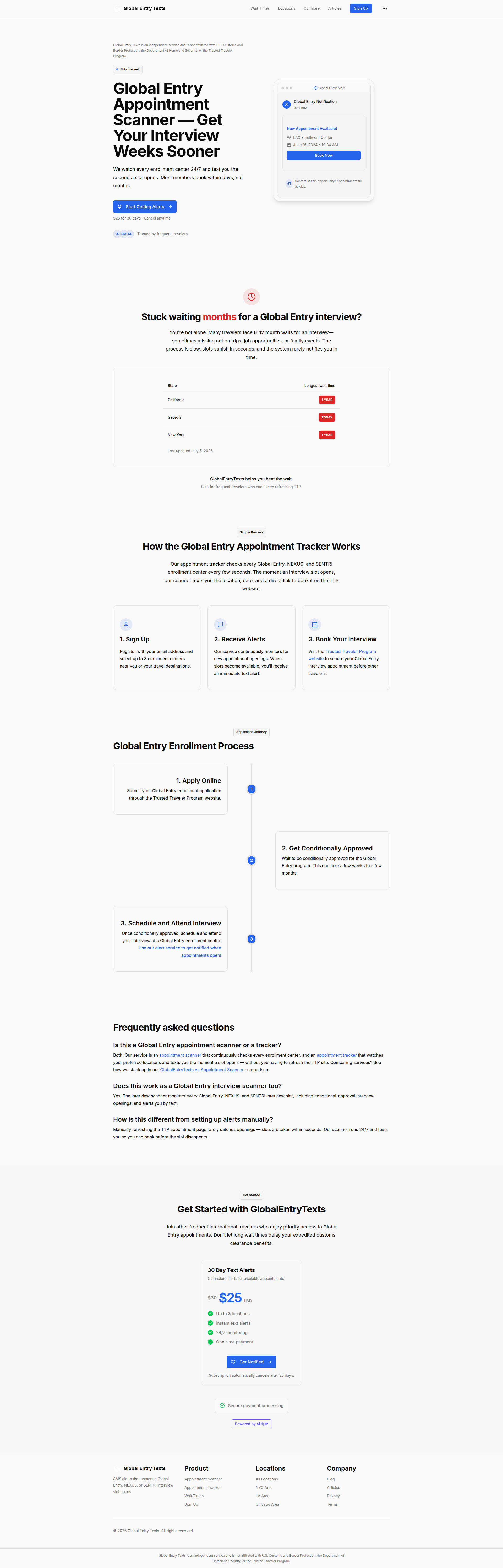 Landing page screenshot for globalentrytexts.com, 1920 by 5985 pixels