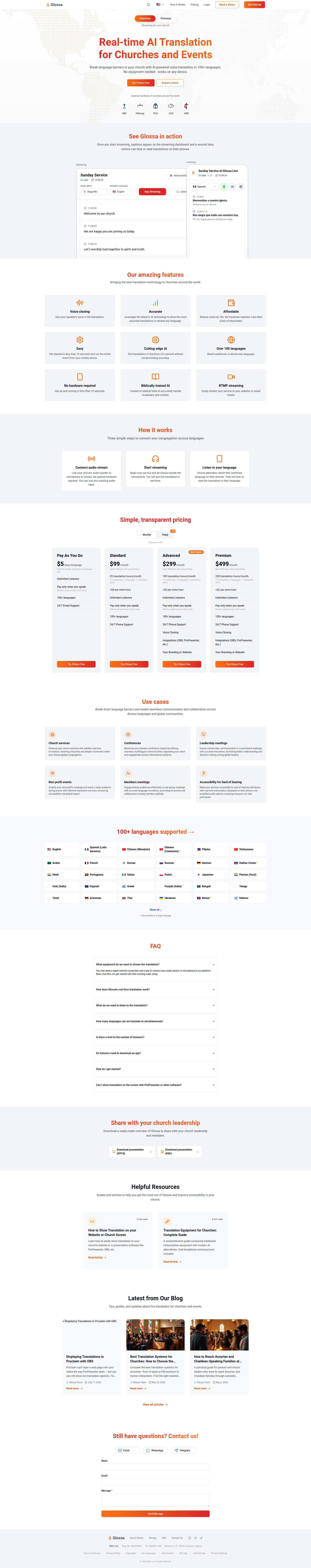 Landing page screenshot for glossa.live, 1920 by 9653 pixels