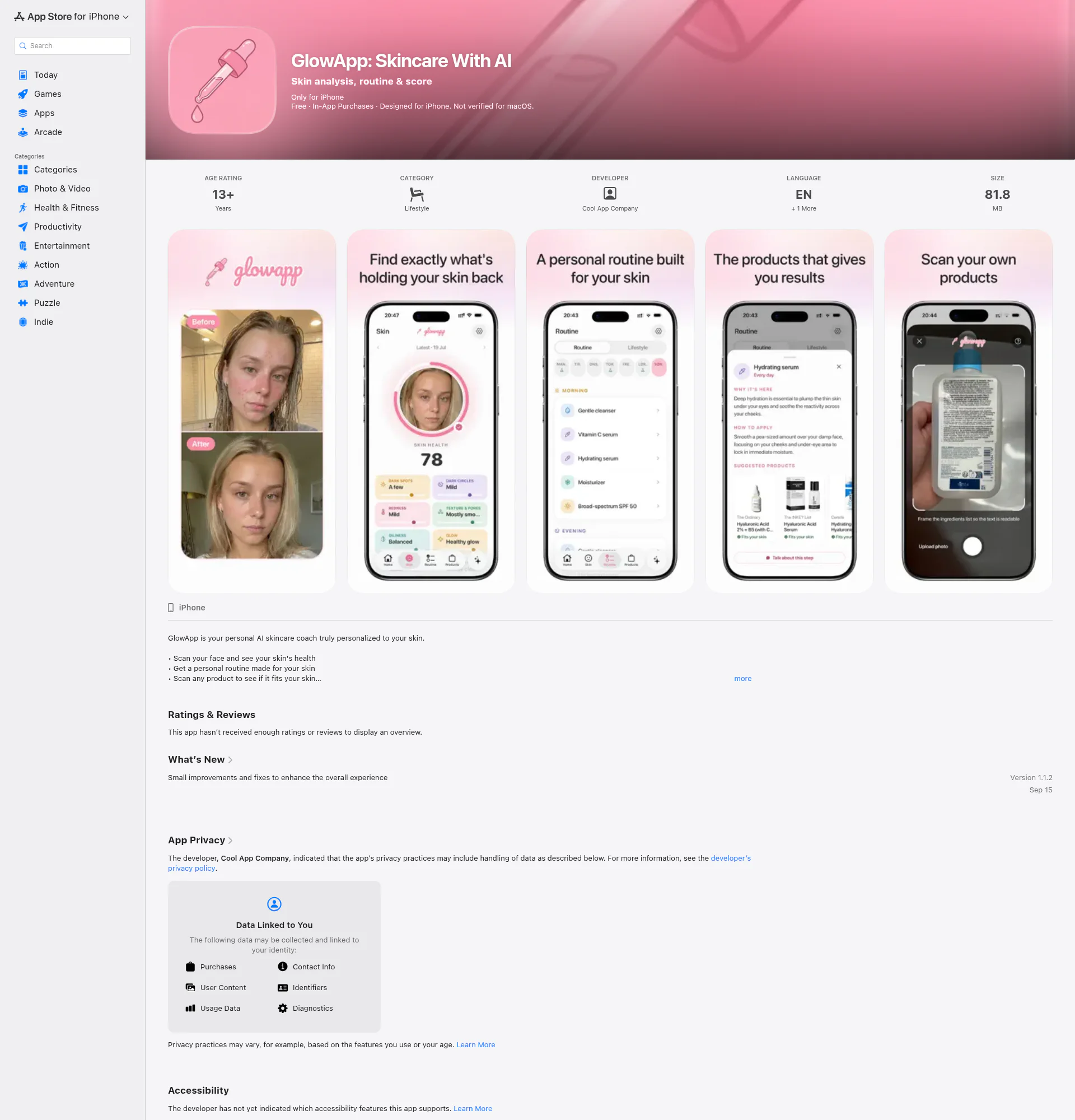 GlowApp: Skincare With AI landing page