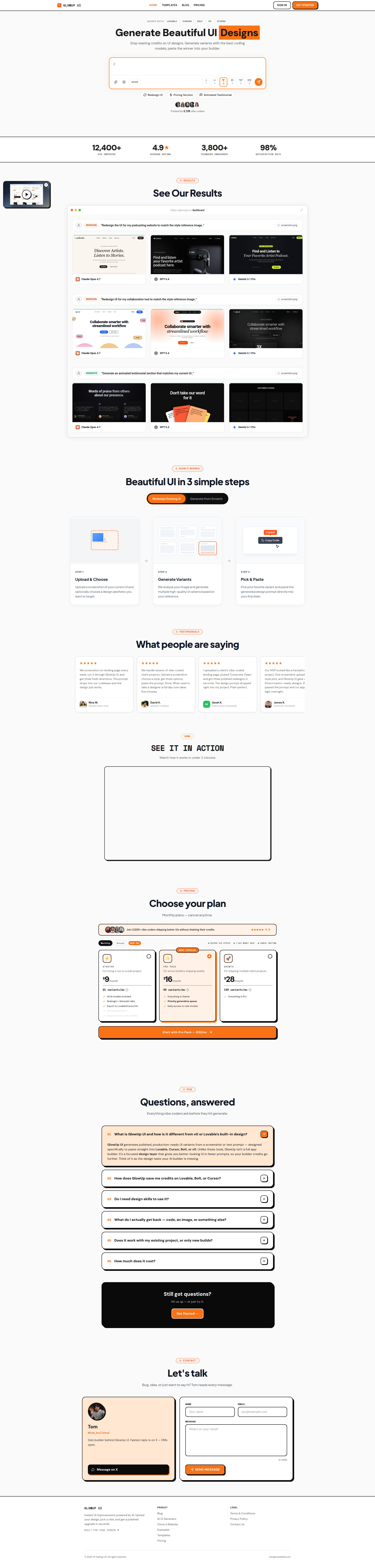 Landing page screenshot for glowupui.io, 1920 by 8031 pixels