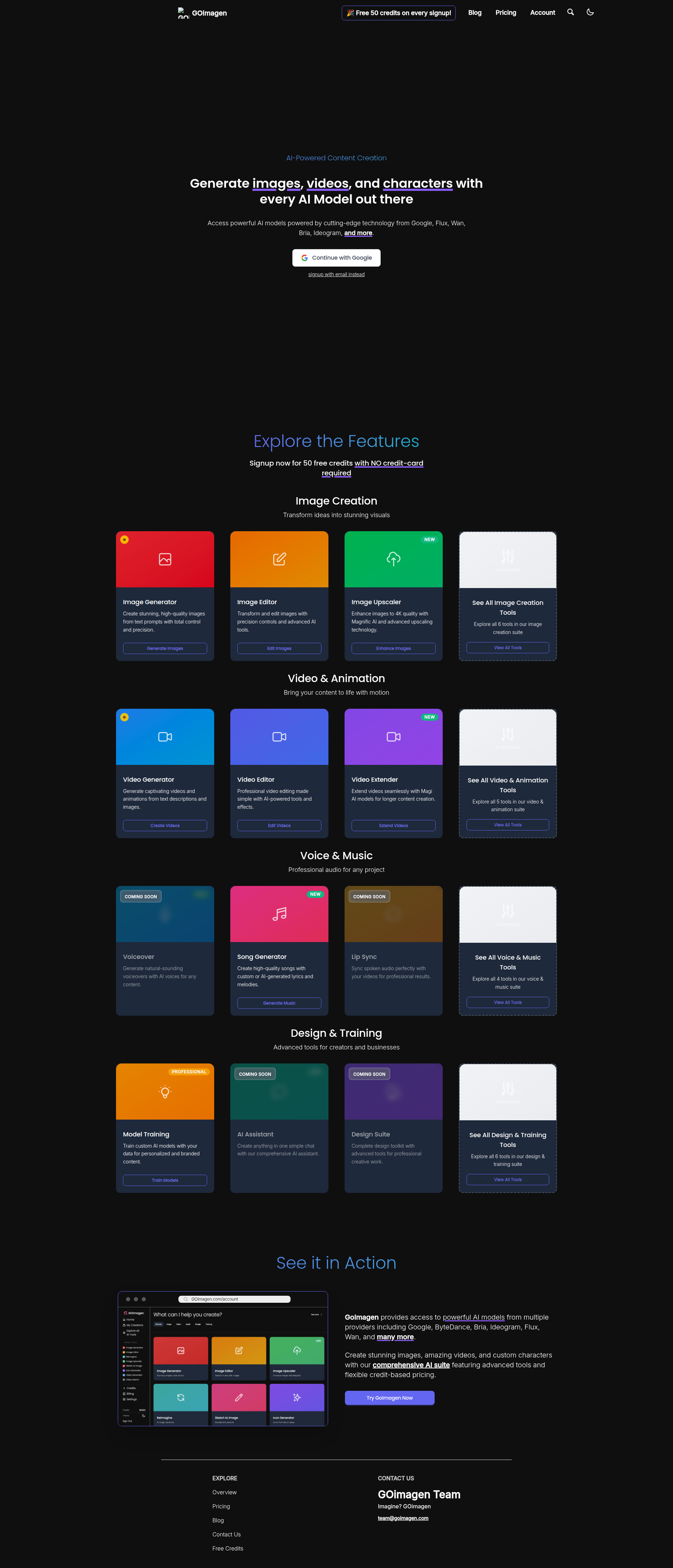 Landing page screenshot for goimagen.com, 1920 by 4469 pixels