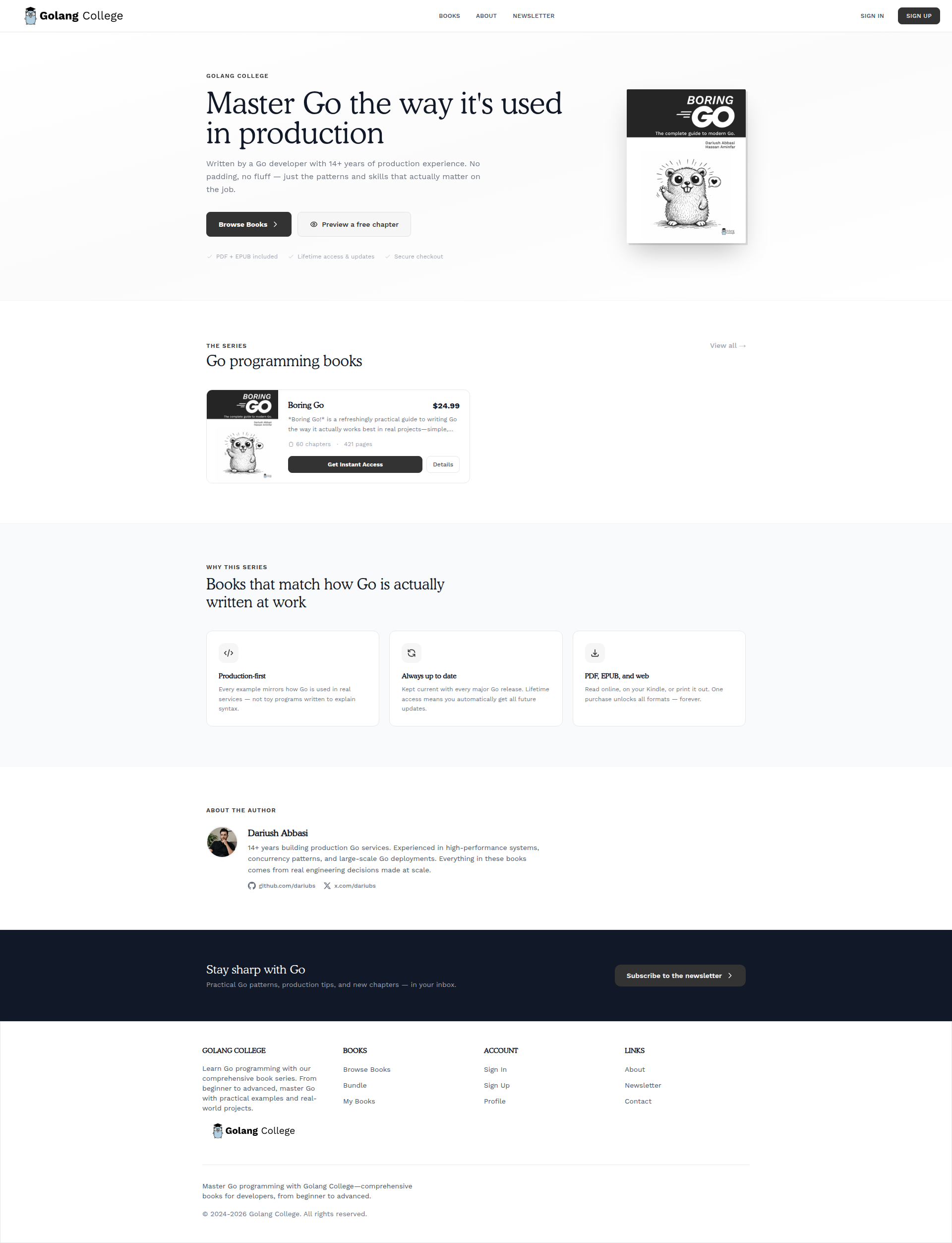 Landing page screenshot for golang.college, 1920 by 2505 pixels