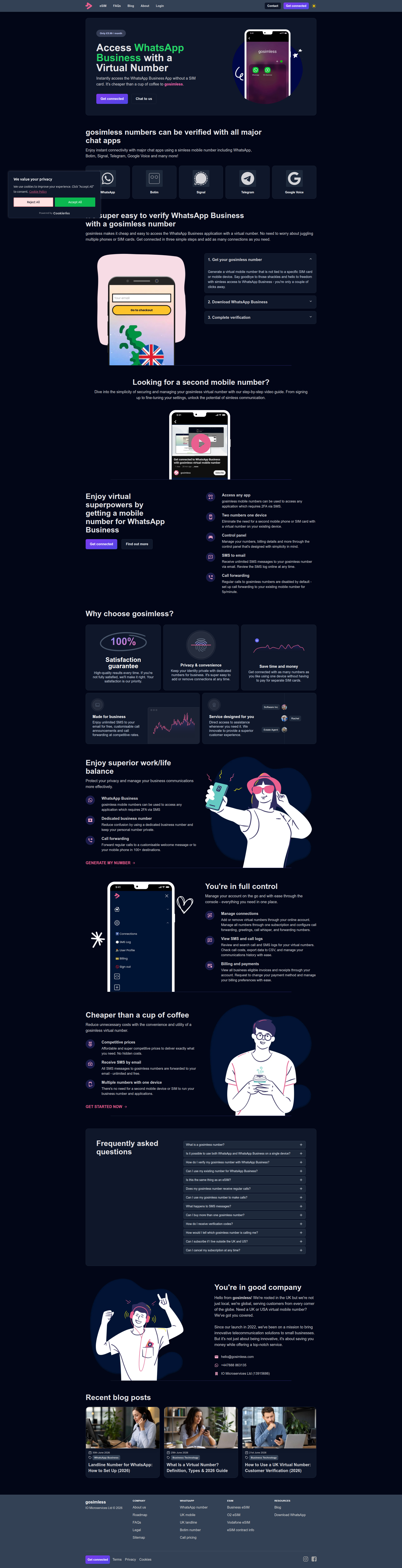 Landing page screenshot for gosimless.com, 1920 by 7486 pixels