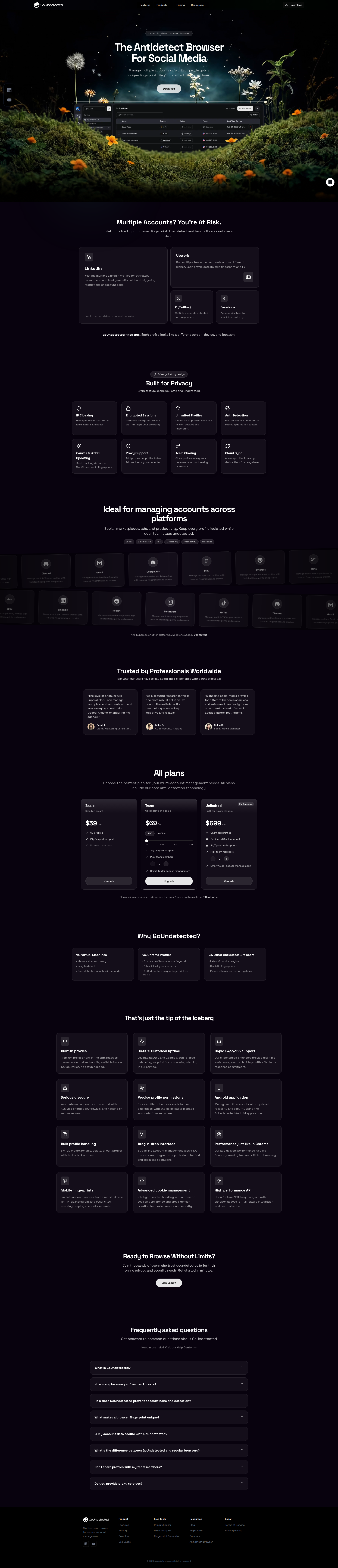 Landing page screenshot for goundetected.io, 1920 by 8912 pixels