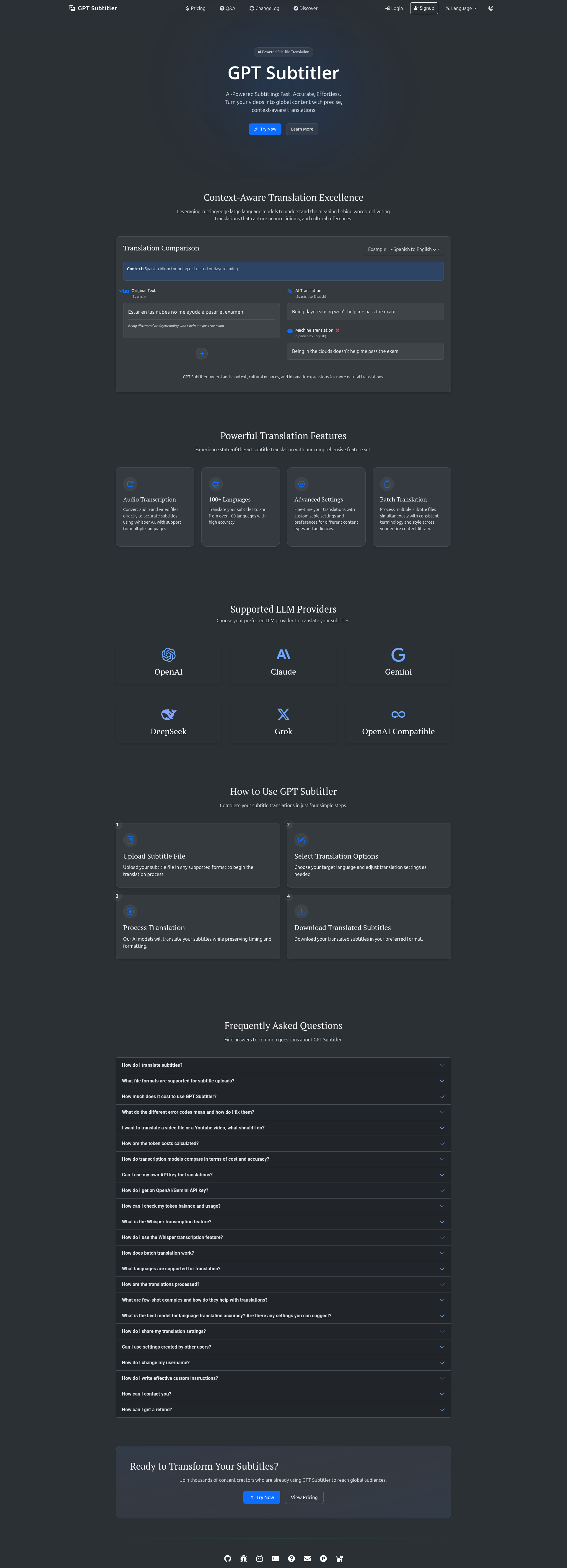 Landing page screenshot for gptsubtitler.com, 1920 by 5309 pixels