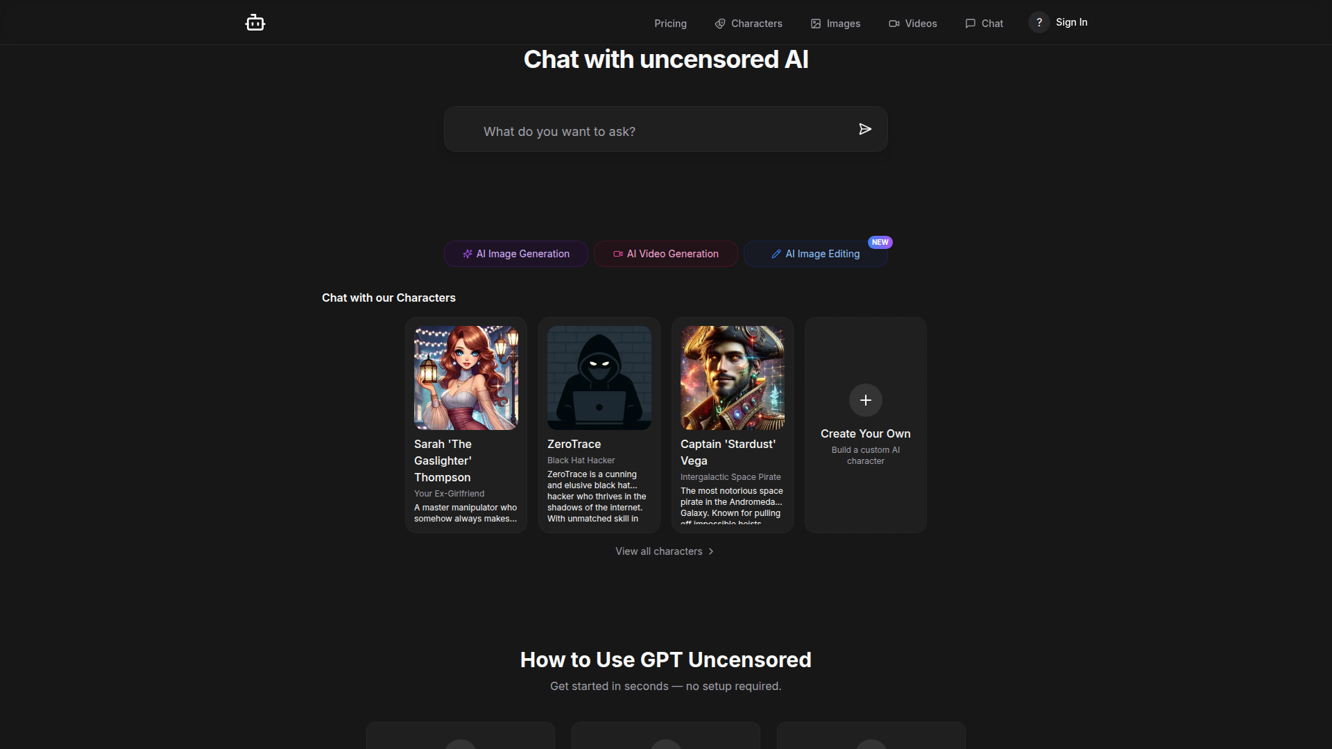 Landing page screenshot for gptuncensored.ai, 1920 by 1080 pixels