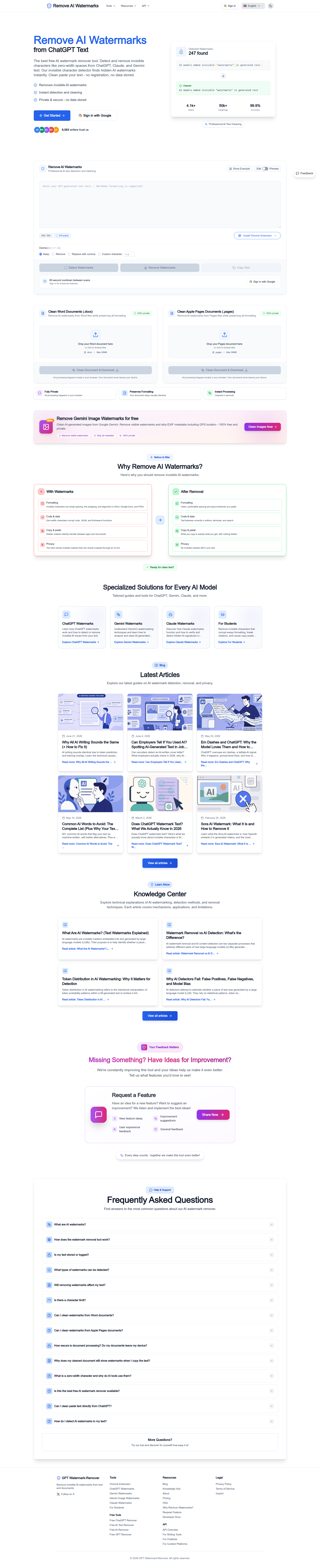 Landing page screenshot for gpt-watermark-remover.com, 1905 by 9323 pixels
