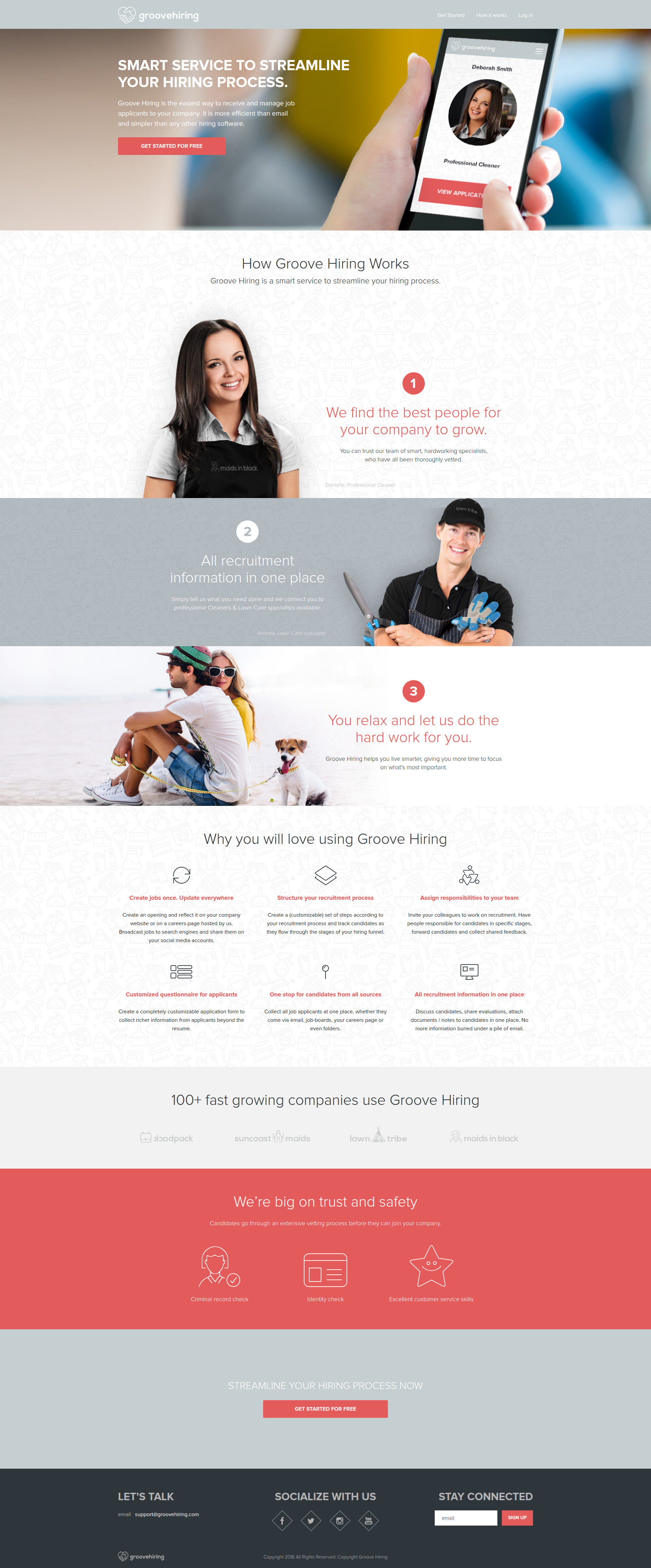 Landing page screenshot for groovehiring.com, 1920 by 4625 pixels