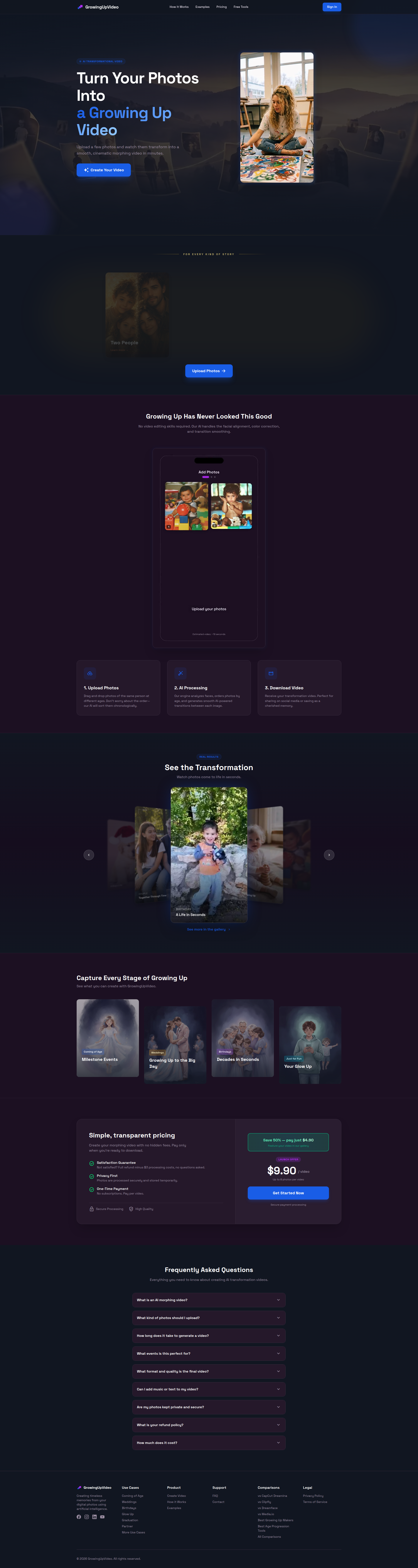 Landing page screenshot for growingupvideo.com, 1920 by 7204 pixels