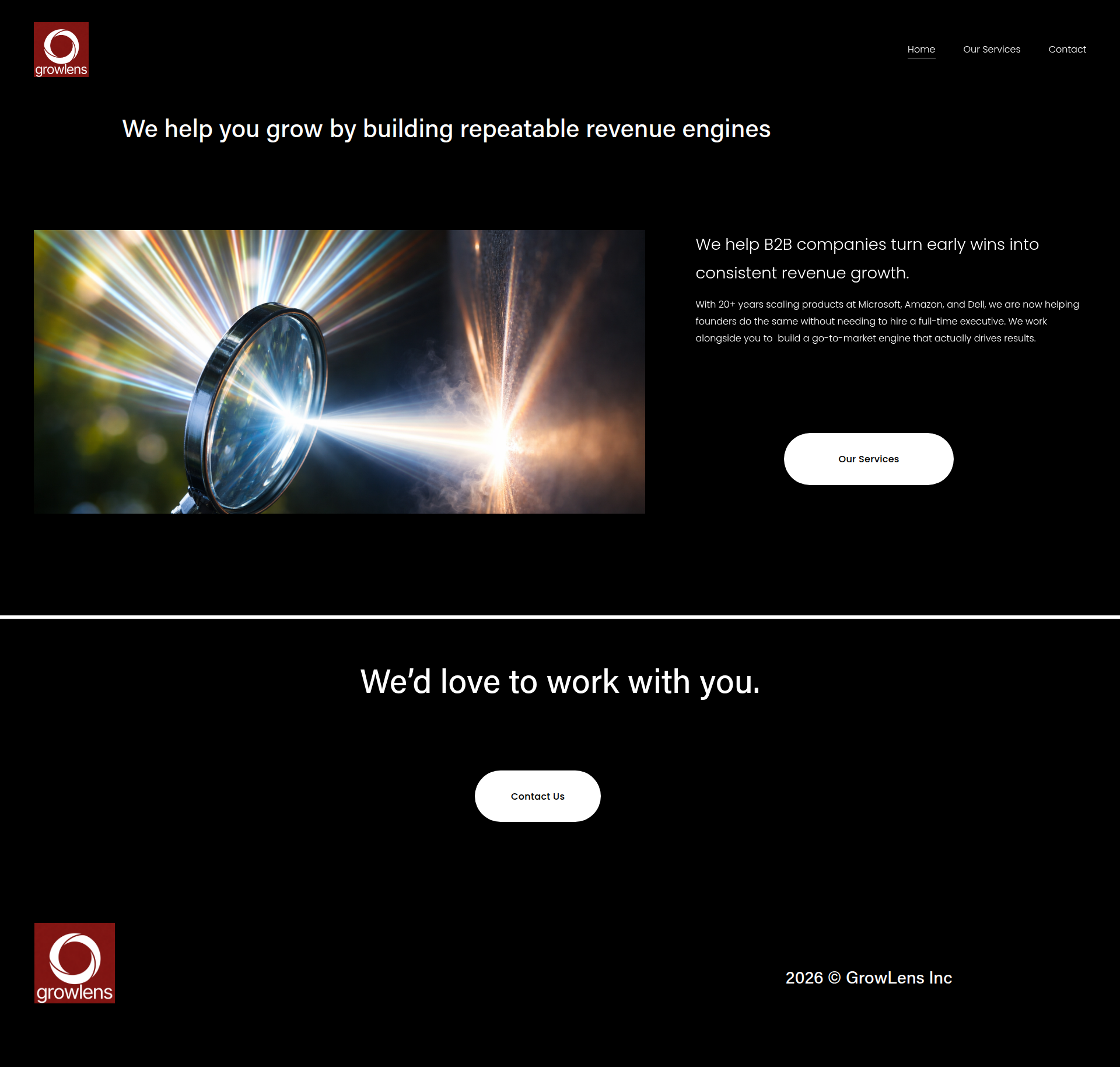 Landing page screenshot for growlens.co, 1920 by 1828 pixels