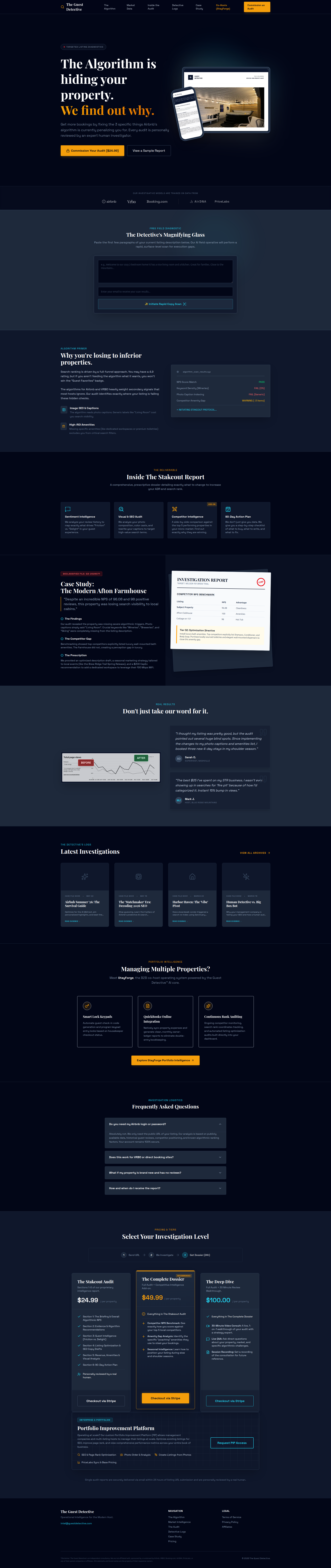 Landing page screenshot for guestdetective.com, 1920 by 9097 pixels