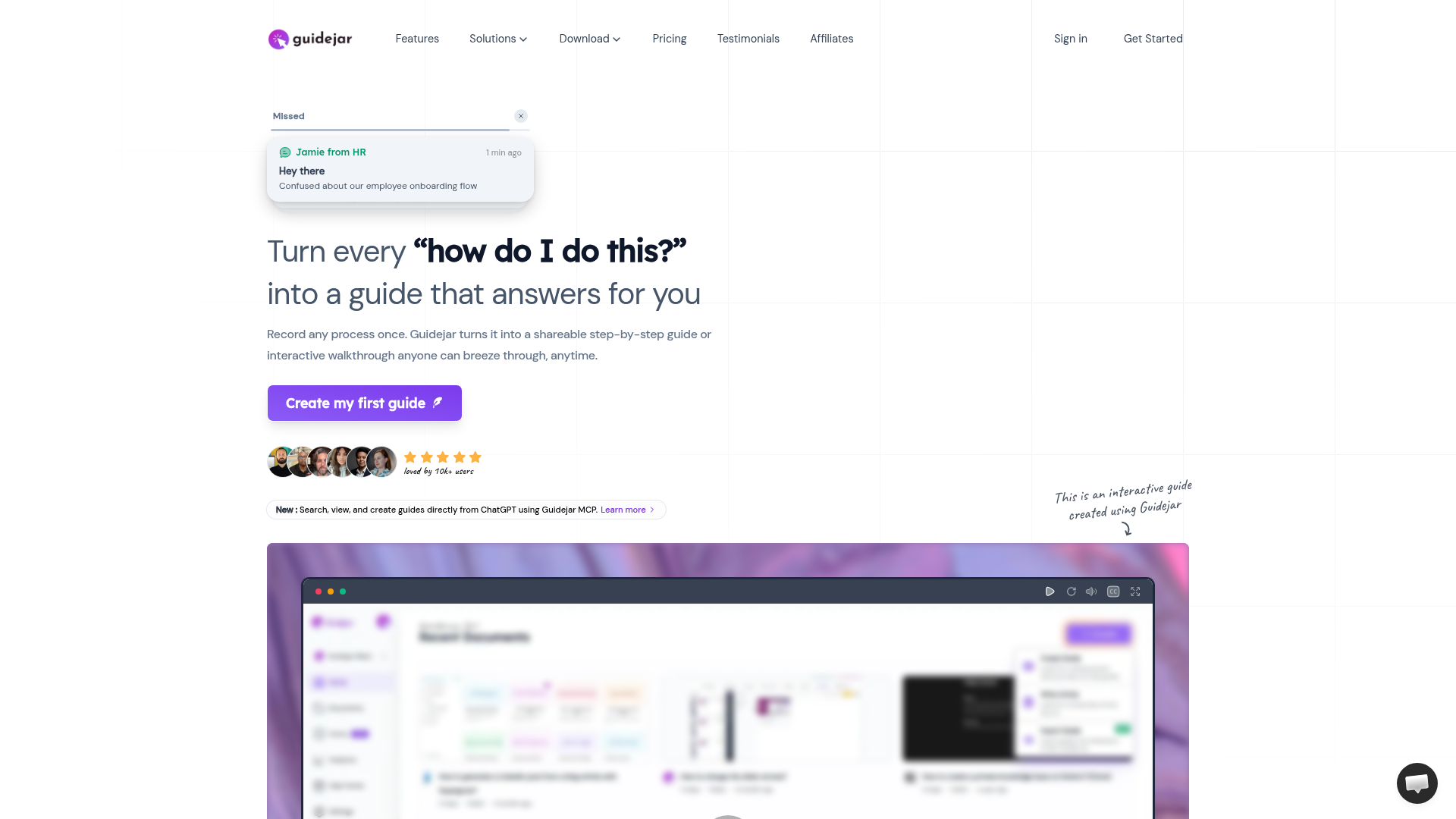 Landing page screenshot for guidejar.com, 1920 by 1080 pixels