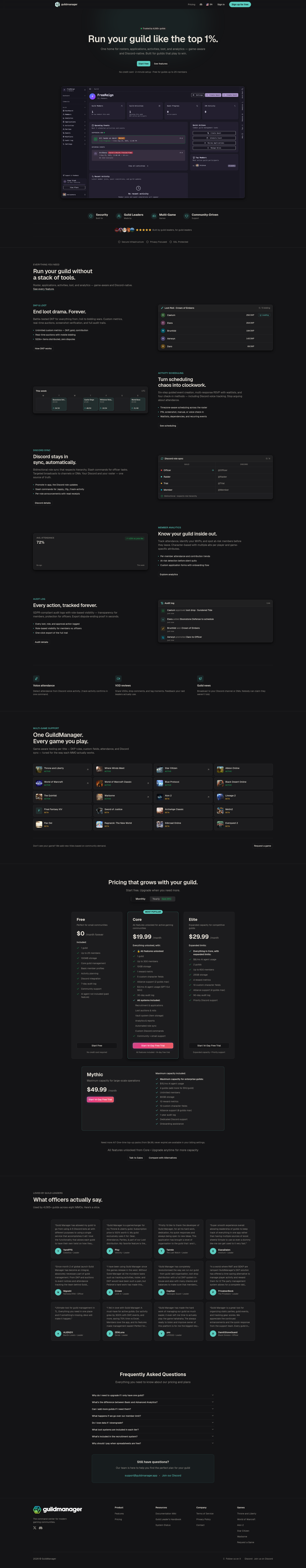 Landing page screenshot for guildmanager.app, 1920 by 9827 pixels