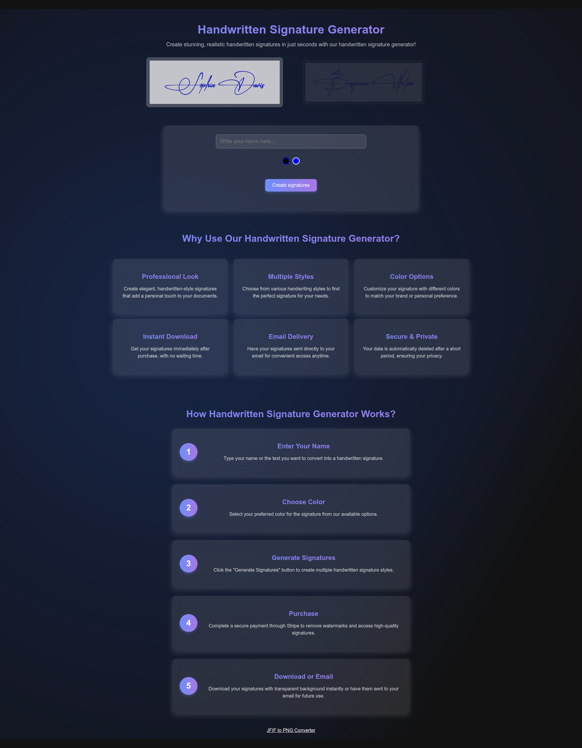 Landing page screenshot for handwrittensignaturegenerator.com, 1960 by 2519 pixels