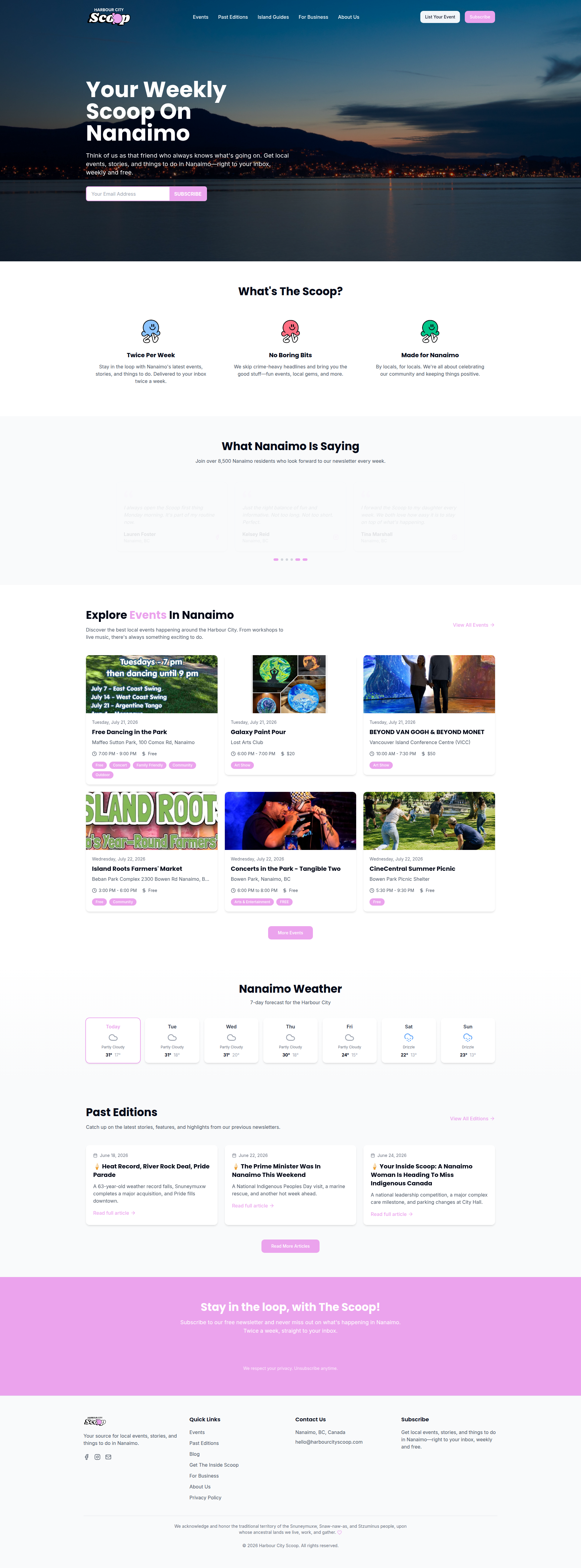Landing page screenshot for harbourcityscoop.com, 1920 by 5184 pixels